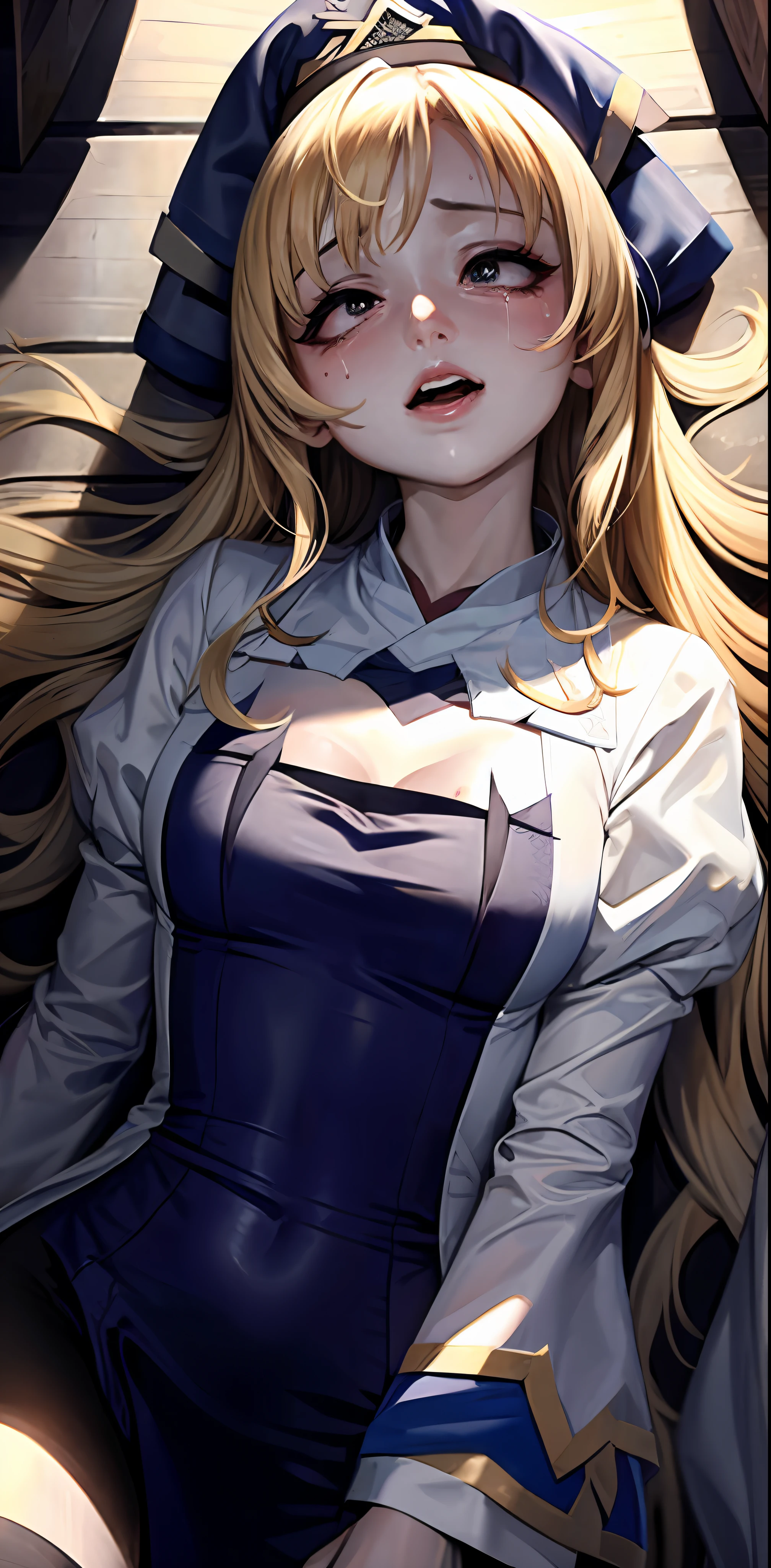 (full figure:1.1), moaning in pain, feeling pain, tearing, sore, crying, bust botox, sleeping beauty on back, wet skin and hair, hard breasts, blonde hair,  (White shirt, naked lower body, torn, mid-chest torn shirt, no underwear, shirt covers Live ass), (make her priestess:1.5), perfect body, open (perfect body, small ke), fashion realistic, high-definition sysie details, photography , sharpness, unique 850 4, koda850 k portrait camera, f1.6 lens, rich colors, super realistic texture, spectacular light texture, surreal art, Cinestil 800 fashion mechanism, scared to tears, full of tears, obey the pain, moan in pain, grimace in pain, ahegao, head back