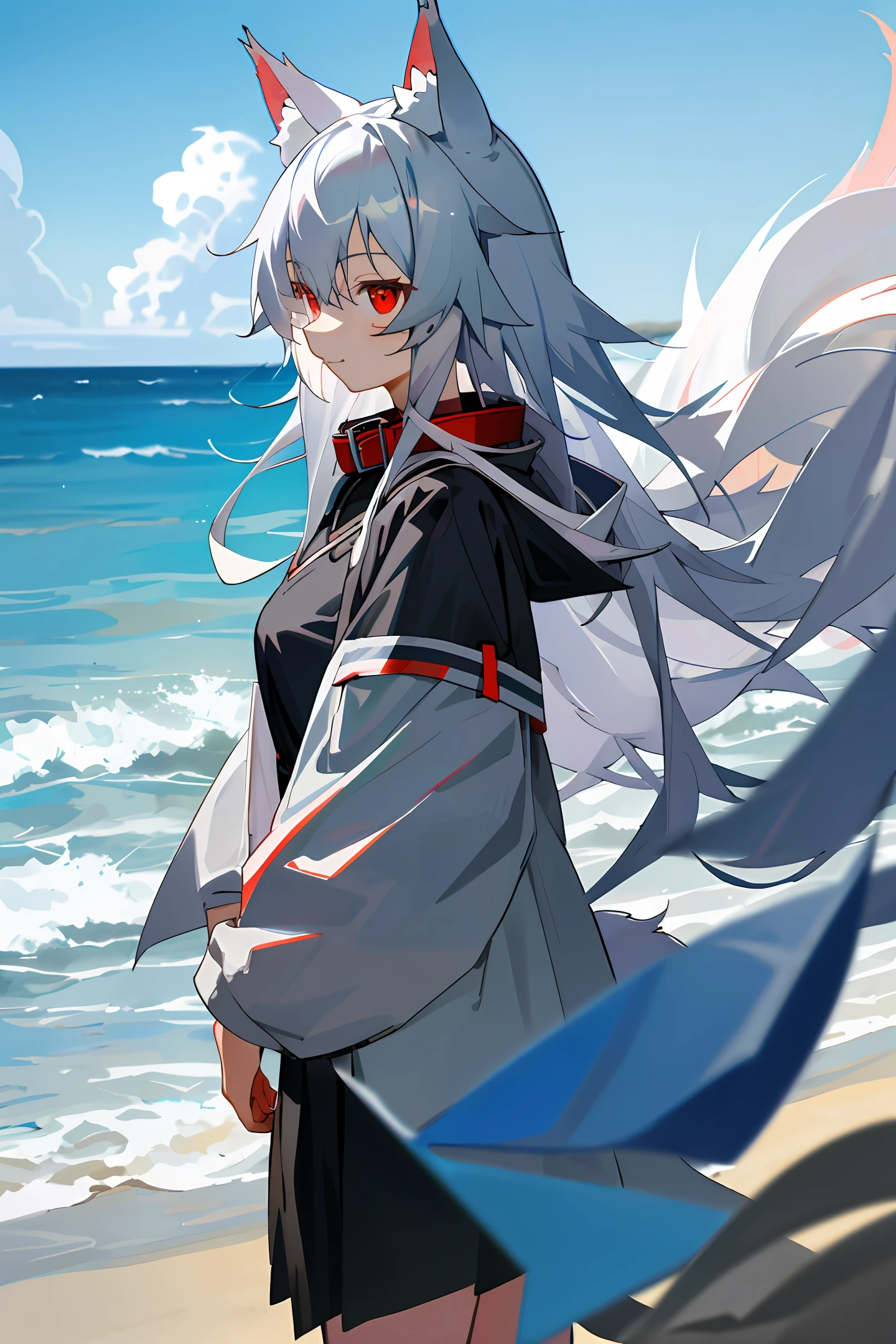 masterpiece, best quality, SFW, cute wolf girl, girl, silver hair, big, red eyes, wolf ears, wolf tail, collar, beach, blue sky