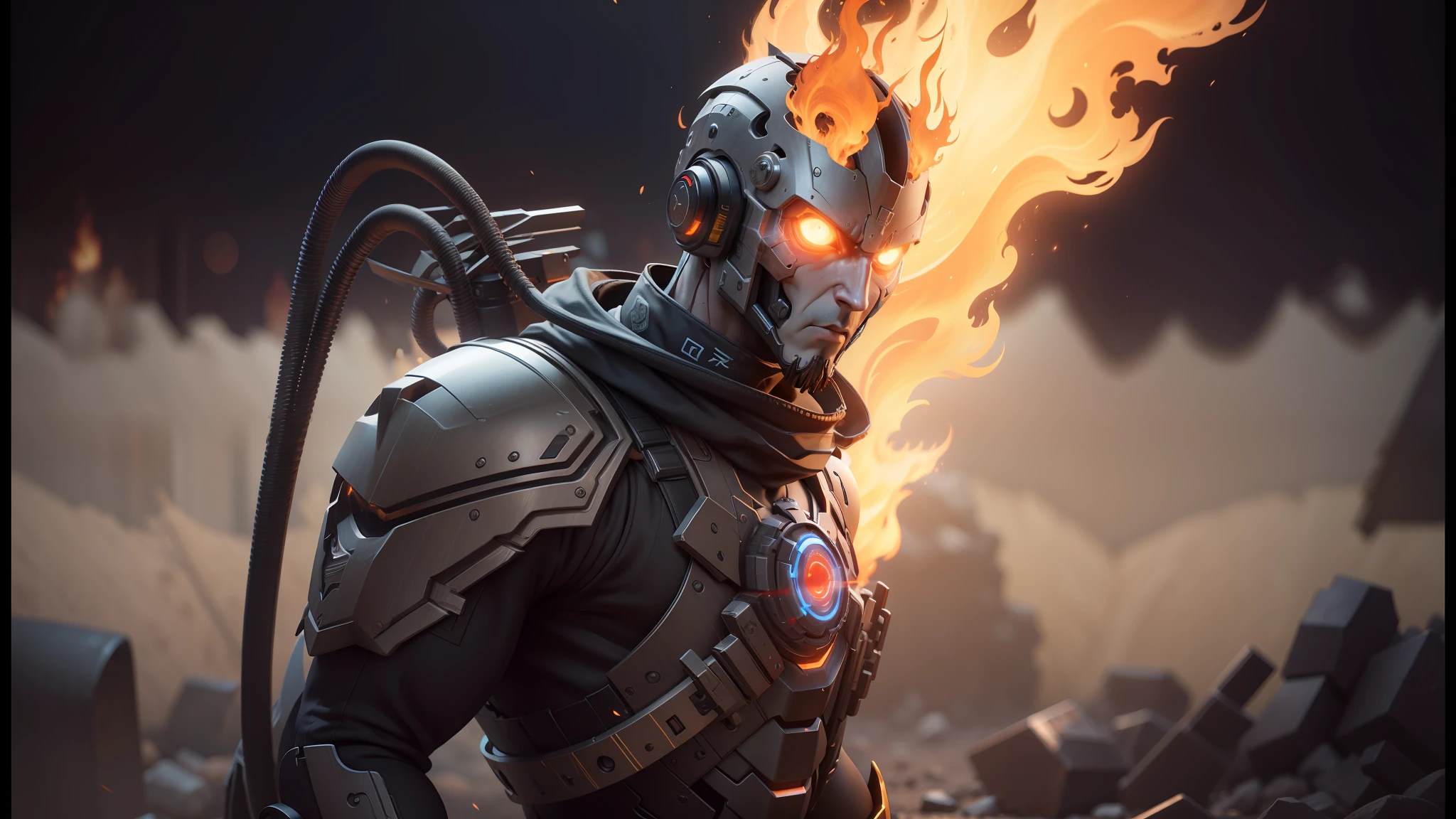 arafed robot with glowing eyes and a fire in his hand, unreal engine 4k wallpaper, cgsociety 9, unreal engine character art, unreal engine 5 », unreal engine art, cyberpunk flame suit, unreal engine: .2, unreal engine 5 render dramatic, unreal engine 5 digital art, trending on unreal engine 5, unreal engine 5 renderered --auto --s2