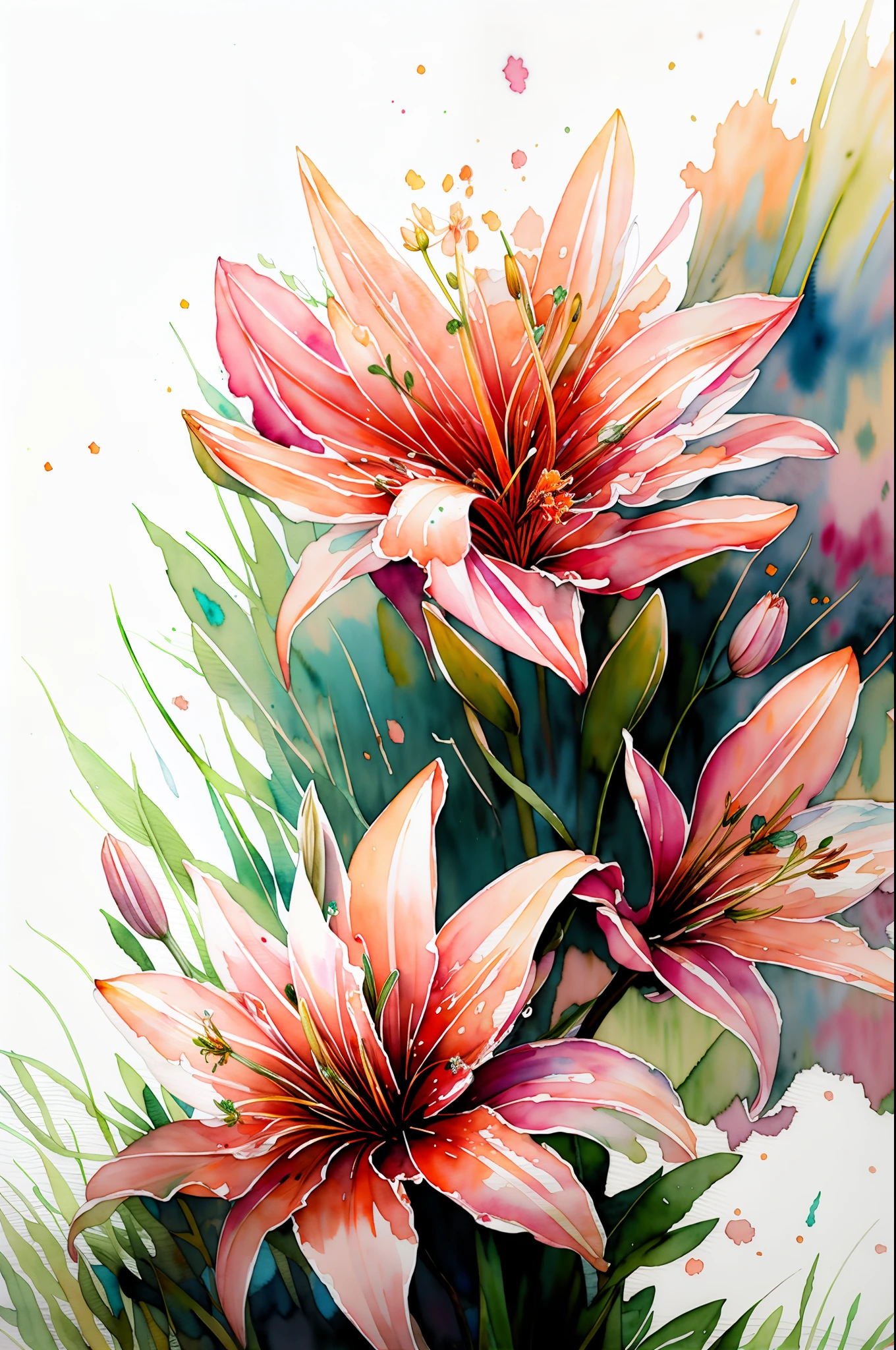 wtrcolor style, digital art of (lilies), official art, blown by the wind, masterpiece, beautiful, ((watercolor)), paint splatter, intricate details. Great detail, [dripping:0.5], trending on Artstation, Rachel Walker