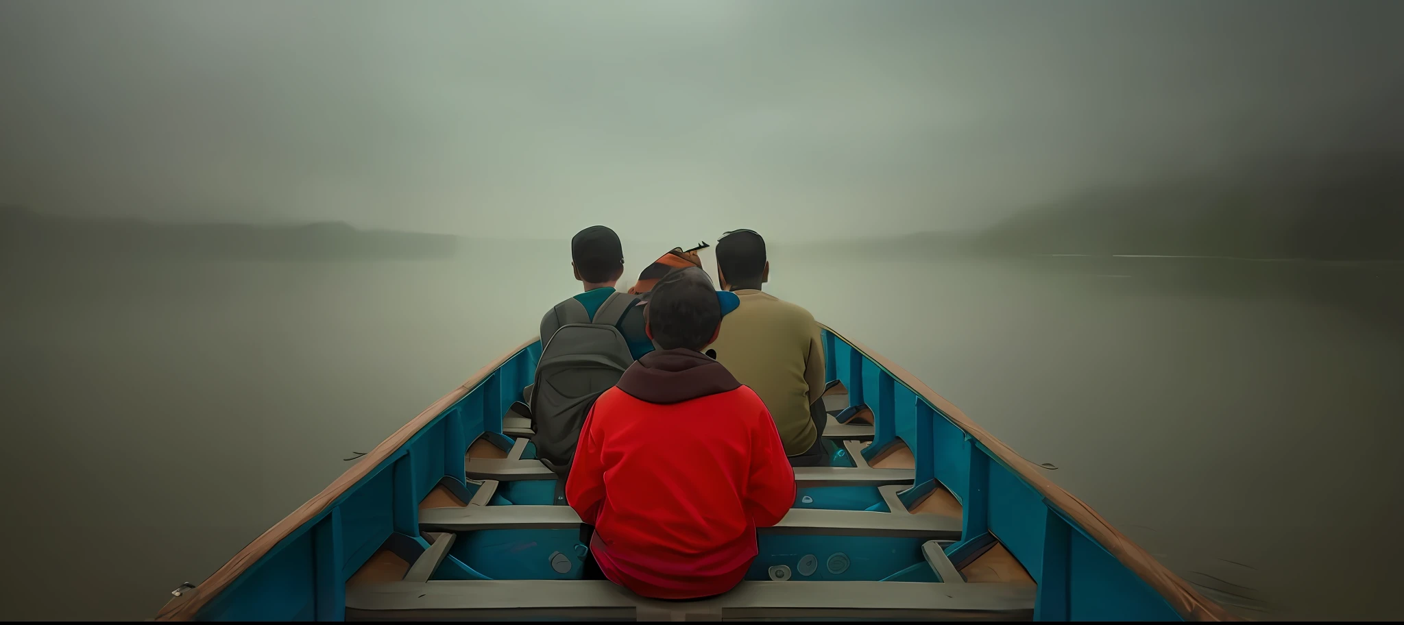 there are three people sitting in a boat on a lake, 3 boat in river, on a boat on a lake, on a boat, in a foggy lake, the photo was taken from a boat, wanderers traveling from afar, crossing the river, on the calm lake, in the early morning, phot, boat, looking into the horizon, by Ibrahim Kodra