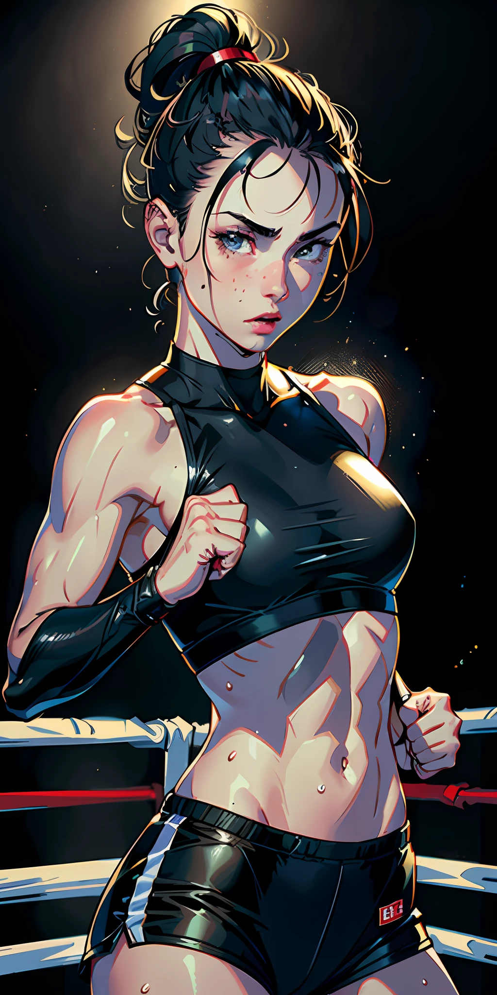 (original) , (very detailed wallpaper) , (best quality) , (masterpiece) , photographic reality, realistic, very detailed illustrations, (1 girl) , beautiful eyes, (delicate face) , perfect detail, (best lighting) , (super complex details) , 
 (boxing girl) , (aggressive punching) , sweat, heavy breathing, (oppressive attack) , (boxing ring) , athletic shorts, perfect detail, perfect fingers, perfect limbs, impact, (shiny skin) , abs, muscles, waistline,boxing shorts, fist fight, black hair, high ponytail, very long hair, 
4K unified, (super detailed CG: 1.2) , (8K: 1.2) , realistic, octane rendering