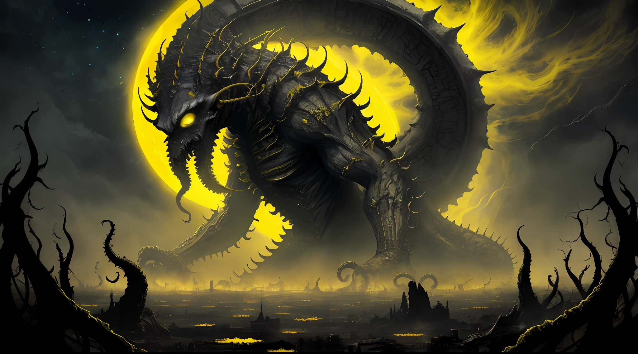 yellow and black, mystical monster, cosmic horror, monstrous creature, Lovecraft, with disgusting tentacles, surrounded by yellow fog, dark shadows, moss and blood, in a dark city, night