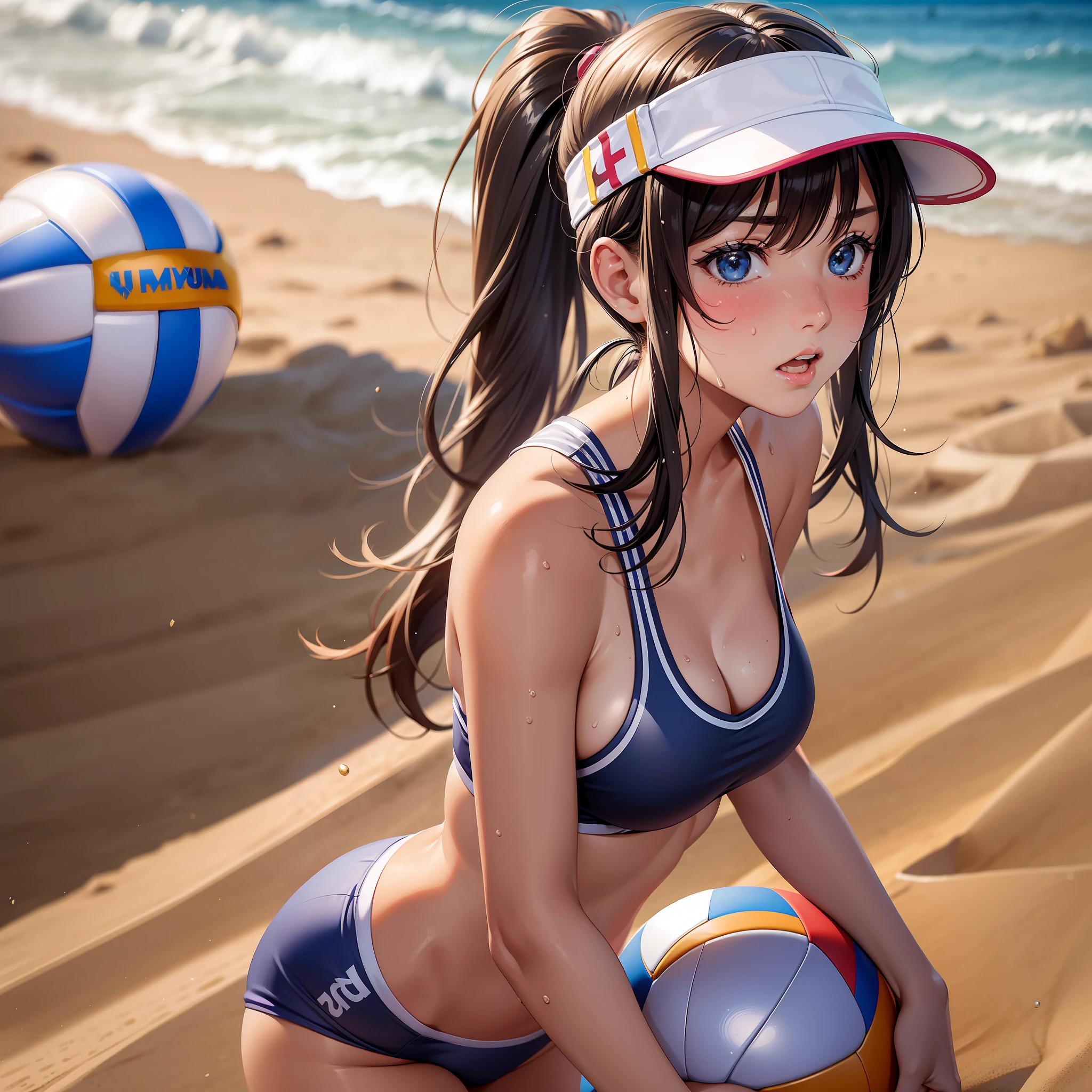 professional women's photos, 1 girl, flirting, (shiny), morning, sexy, playing volleyball, costume with logo, sand, backlit, (bangs), bloomers, (sweaty: 1.3), blurred background, sun visor, tan, no bra, (not mugiwara),