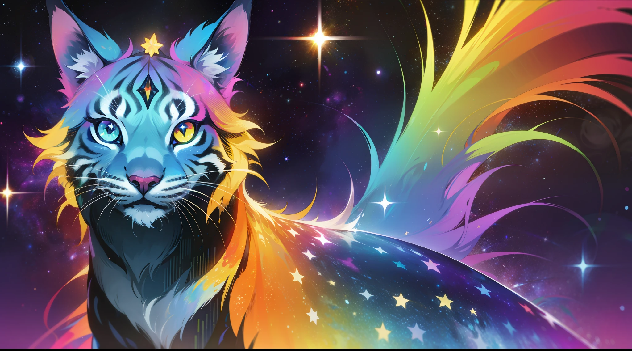 a rainbow colored lynx, rainbow colored cosmic nebula background, stars, galaxies