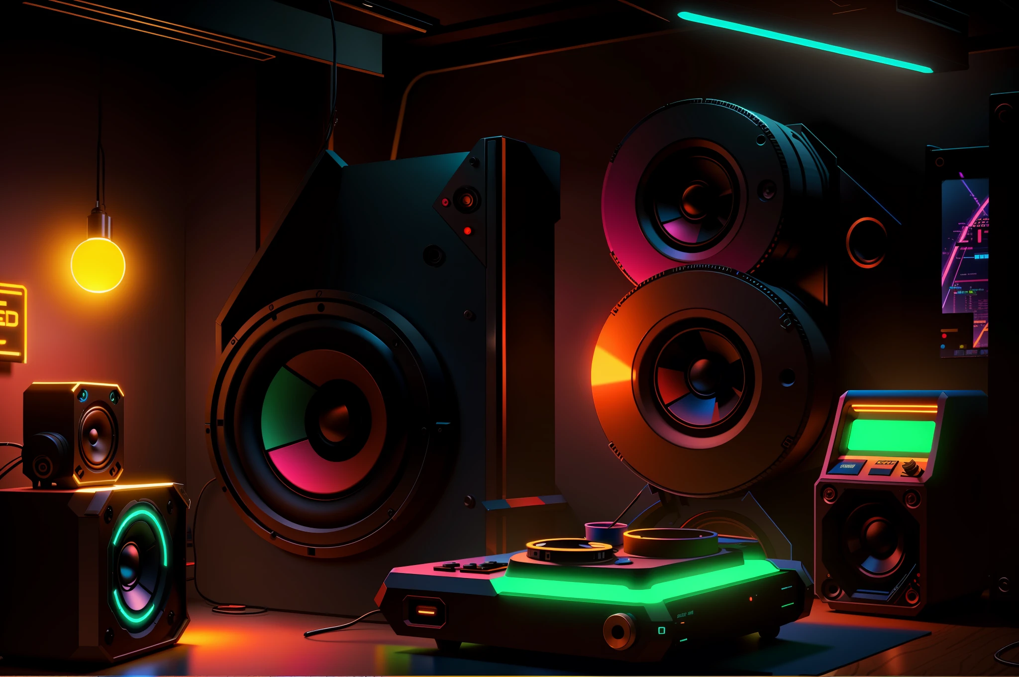 there are speakers and a table in a room with a neon light, cinema 4d colorful render, 8 k wallpaper, 8k wallpaper, 8k hd wallpaper digital art, 8 0's airbrush aesthetic, 8 k octane detailed render, background artwork, colorful 8 k, 3d 8k render, digital art 8k, digital art 8 k