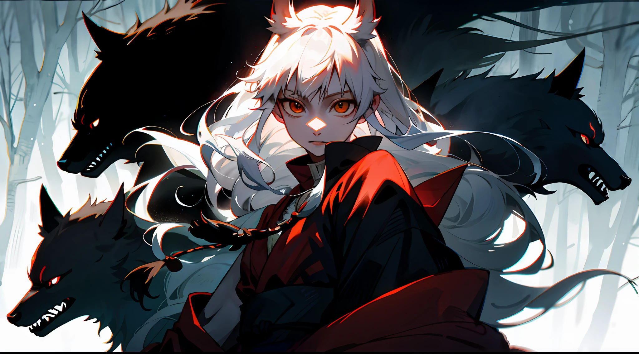 Mononoke hime with black wolves in a dark forest