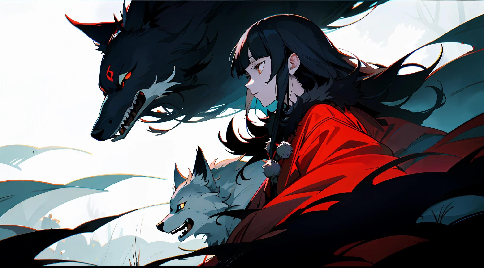 Mononoke hime with black wolves in a dark forest