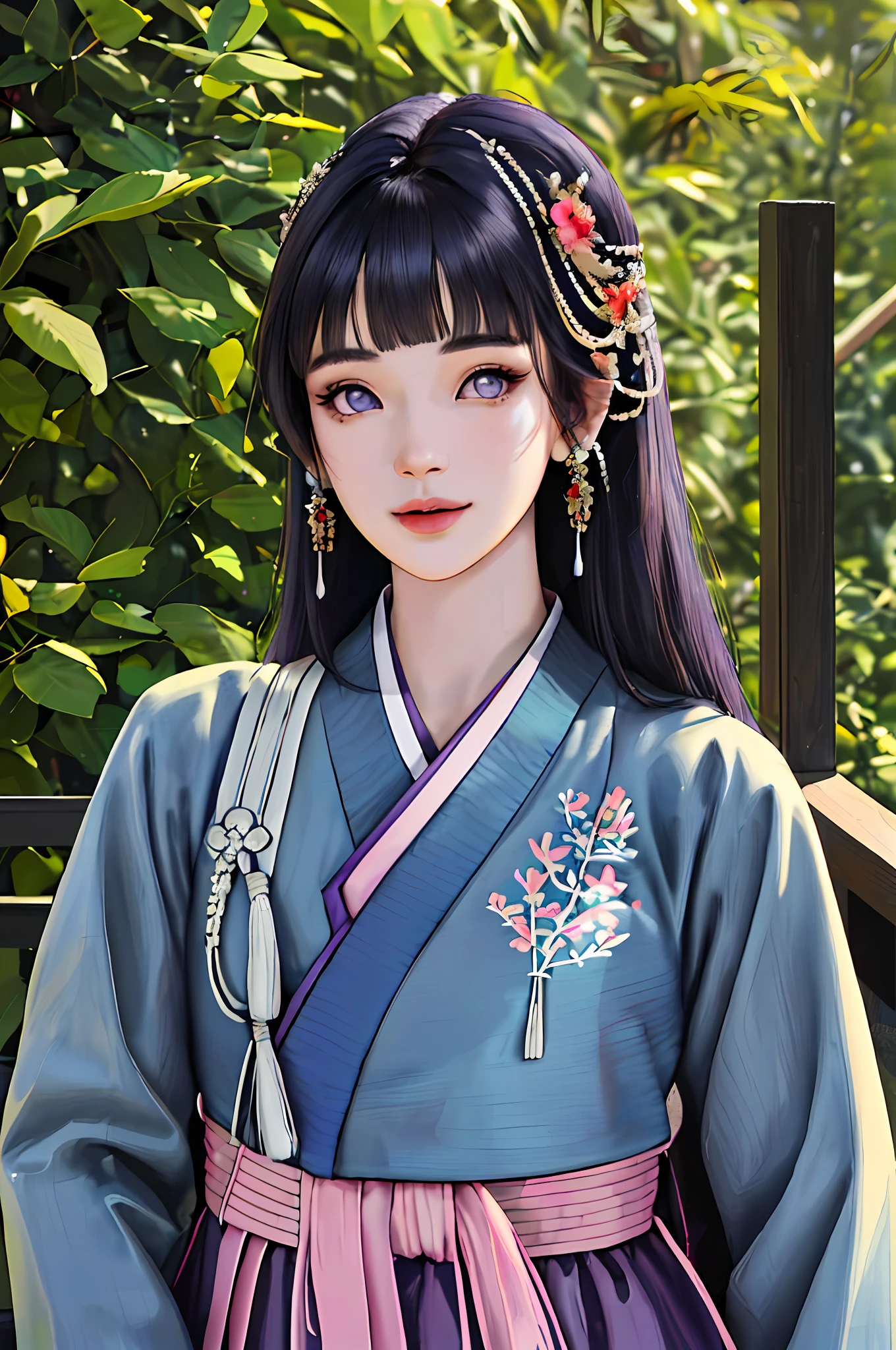 (8k, RAW Photo, Best Quality, Masterpiece:1.2), Ultra Detail, Ultra High Resolution, (Realistic, Photorealistic Photo:1.37), Portrait, High Detail RAW Color Photo, Professional Photo, Extreme Delicate and Beautiful, Extreme Details, 8k Wallpaper, Amazing and Detailed Details, Huge File Size, Official Art, Highly Detailed CG Unity 8k Wallpaper, 1girl, Very Detailed Beautiful Girl, Very Detailed Face, Very Detailed Eyes, purple Eyes, Very detailed skin, very detailed nose, very detailed mouth, perfect anatomy, arm back, very pretty face, smile, oriental style, dark blue gorgeous hair, heavy makeup, long hair, medium breasts, wide buttocks, hanbok, detailed clothes, short neck, very short arms, camera upwards, a slightly turned position, upper body portrait photo, {cute 19 year old girl}, hands down, upper body close-up, 5fingers per hand, no overlapped hands, floral hairpins, colorful backgrounds, (((blunt bangs)))