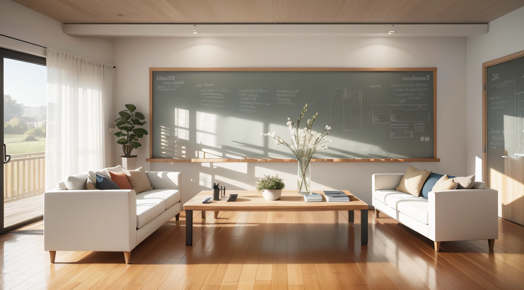 a simple sketch of a beautiful modern living room, (((foster and partners, artists impression, artistic impression, by Hamish MacDonald, by Carey Morris, by David Brewster, higher detailed illustration, by Helen Berman, an illustration, detailed illustration, by Nick Fudge, by Warren Mahy, artist's impression))), a white sofa, with minimal pictures on the wall, linen curtain next to the classroom window, modern wood, [ceiling with magnetic emissive lighting], white fabric PRB textures, wooden floor PRB texture,