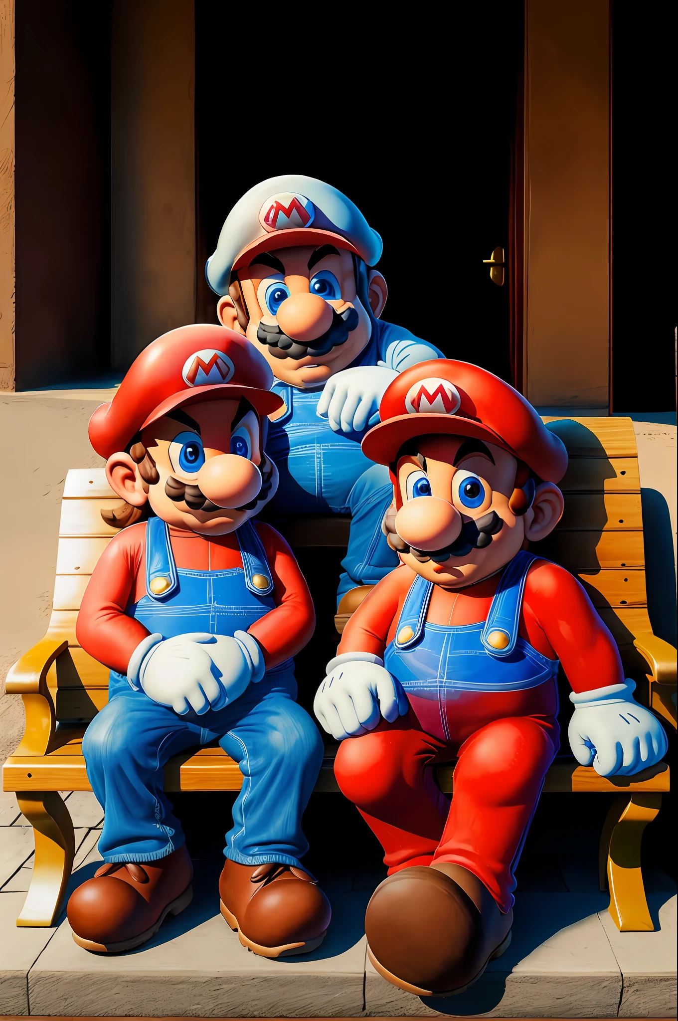 Highres, masterpiece, (Mario) from the game Super Mario Bros bearded old men sitting on a bench in the square reminiscing about the old days