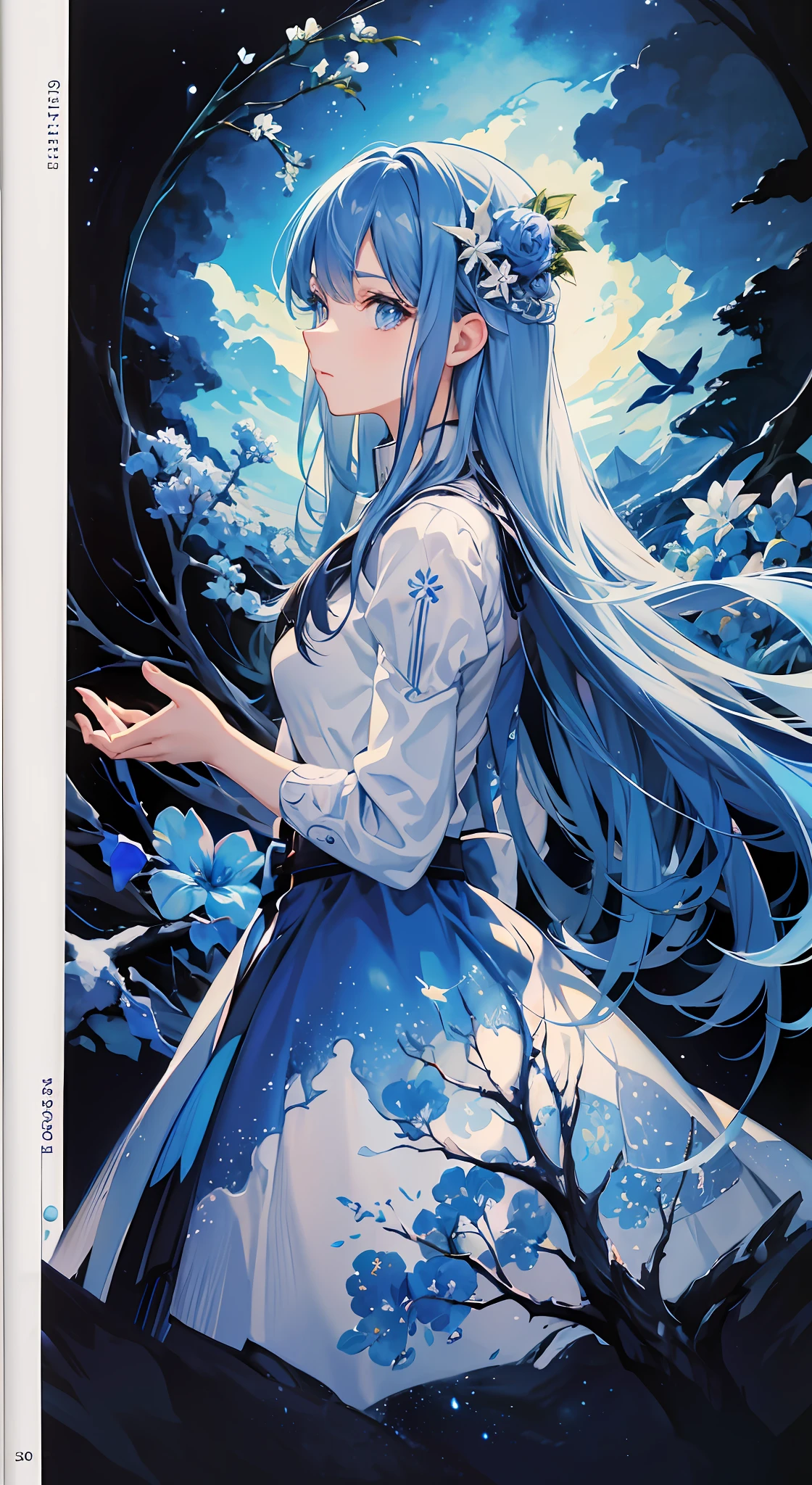 (absurdres, highres, ultra detailed, UHD, cinematic), solo, 1girl, mature, happy, love, full body, long hair girl, blue hair, fantasy, dreamy, snowy, official art, pop art, profile, ultra detailed face, ultra detailed eyes, blue flower field, ultra detailed field, blue sky, cold, blue, dark blue, white, nebula in the sky, blue tree, watercolor, pastel color