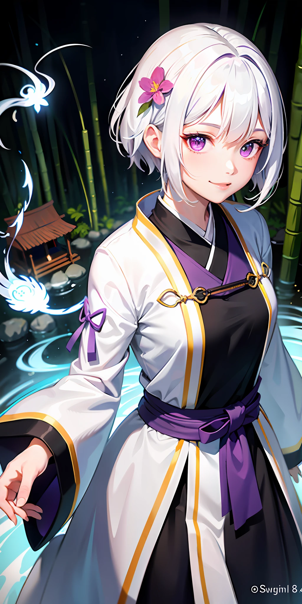 Upper Body, 1 Girl, White Hair, Purple Eyes, (Self-Defense Force), Medium Breath, Scarf, Wallpaper, Light Particles, Blue Flame, (Masterpiece), Top Quality, Excellent ???????, Shuimobi Sim, (1 Girl: 1), (Upper Body), (Smile), Short Hair, (Hanfu), (Etch 0.8), (Thu: 0.5), (Flower: 0.6), (Wooden House: 0.2), (Bamboo Forest: 0.2), (Stream: 0.2), (River: 0.2)