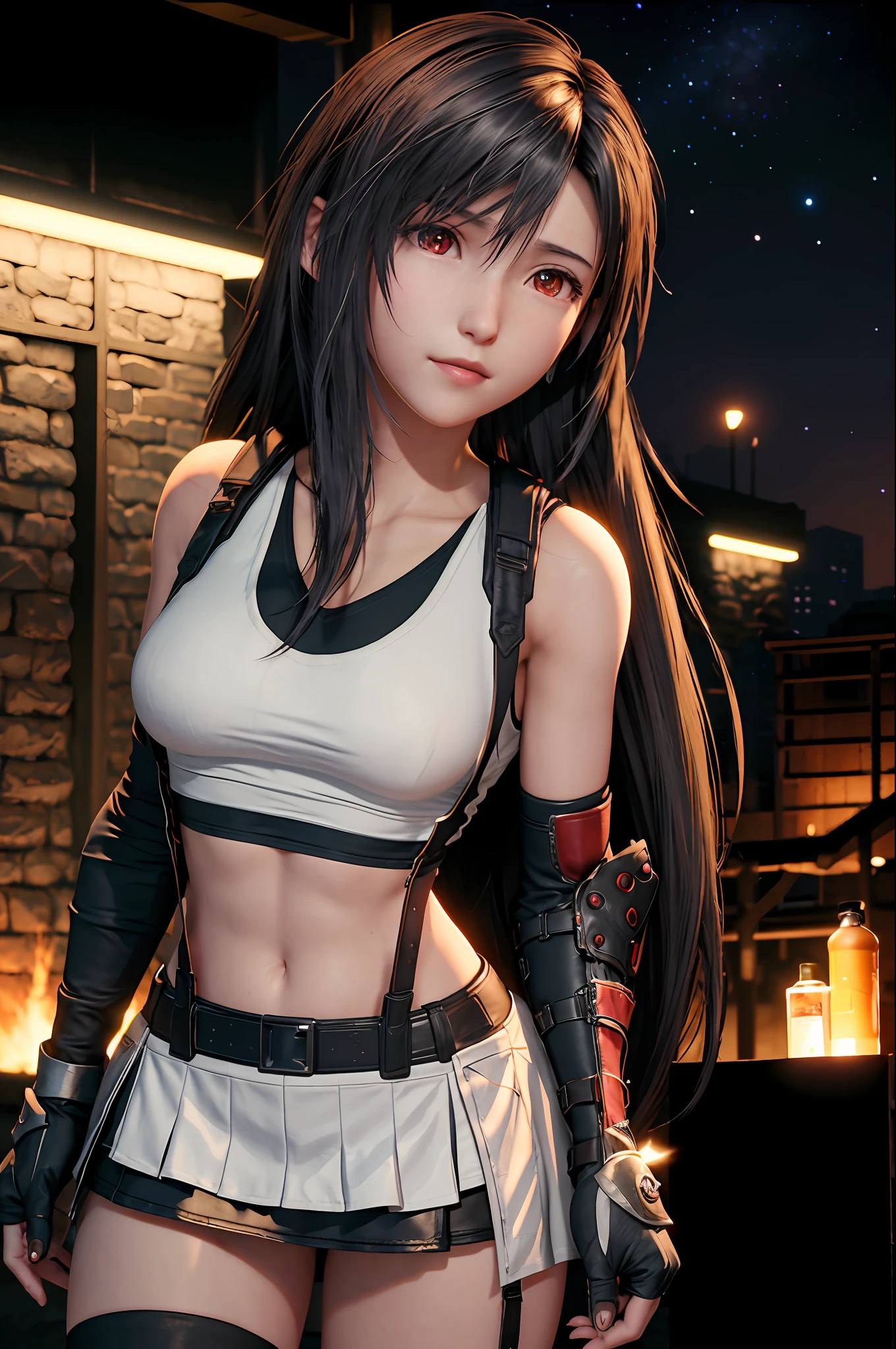 (8K, Best Quality, Masterpiece: 1.2), (Realistic, Photorealistic: 1.37), Super Detail, One Girl, Cute, Solo, (Tifa Lockhart), (Small Breasts), (Beautiful Eyes), (Smile: 1.2), (Closed), Erotic Pose, Dance, Neon, Cityscape, Depth of Field, Dark Strong Shadows, Sharp Focus, Car, Motion Blur, Motorbike, depth of field, composition, glowing green, final fantasy vii, date, (nose brush), single elbow pads, ankle boots, black hair, black skirt, black thighs, red boots, elbow gloves, elbow pads, fingerless gloves, taut shirt, sports bra, (suspender black skirt), thigh, white tank top, full body, headrest, lips, beautiful face, low tie long hair, (red_eyes)), yellow flowers, (night: 1.3), complex, bokeh, cinematic lighting, photon mapping, radiosity, physically based rendering, (Tetsuya Nomura style)