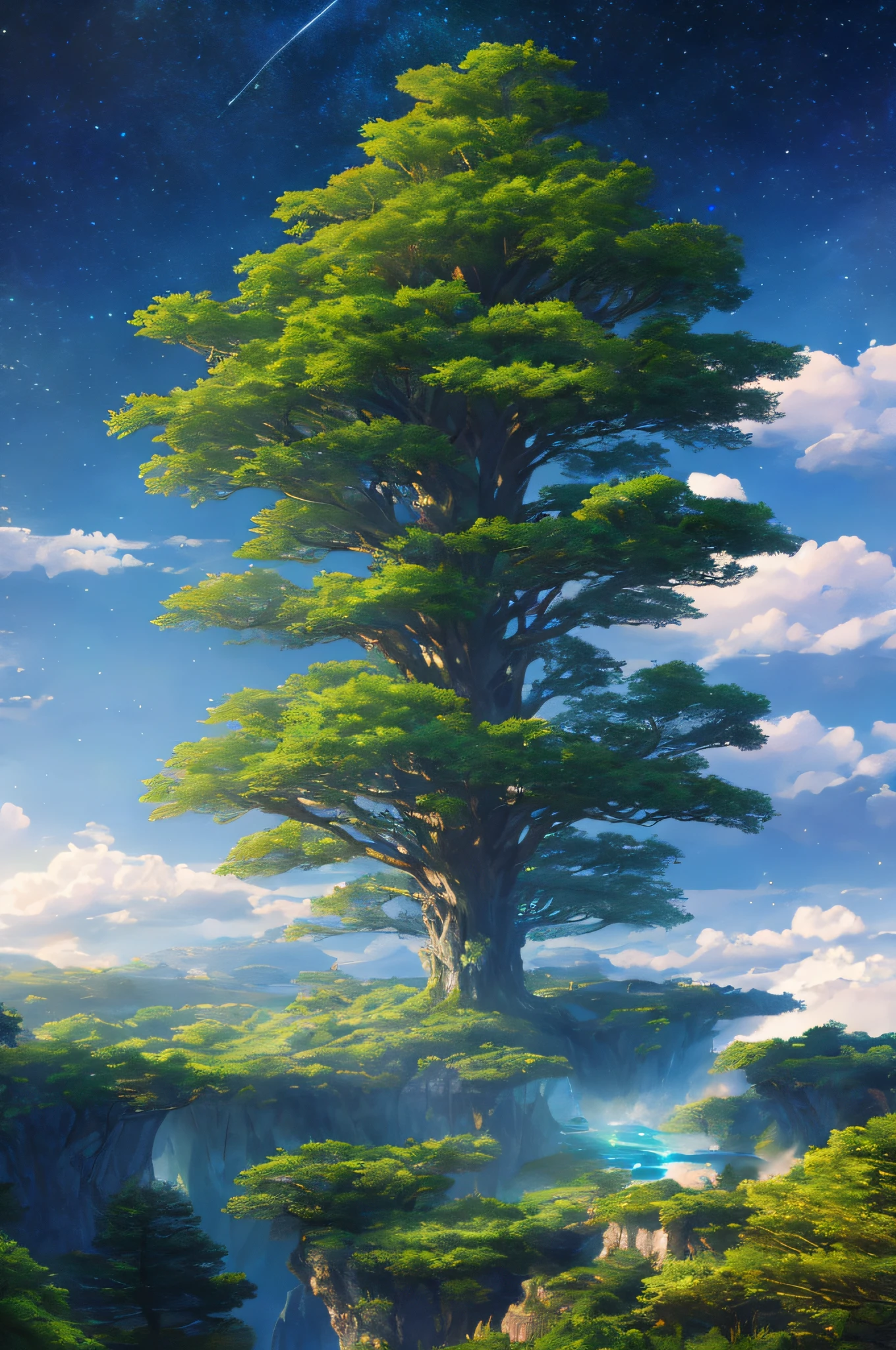 Illustration of a hyperrealistic , otherworldly, ultrasky scene featuring a giant crystal tree full body,very detailed and magical lighting, intricate forest details, vegetation and river around, solarpunk ,landscape, giant tree, beatifull leafy with beautiful lighting and realistic proportions, as if it were a cinematic background, 8k, highest quality, masterpiece, clouds and stars in the sky.