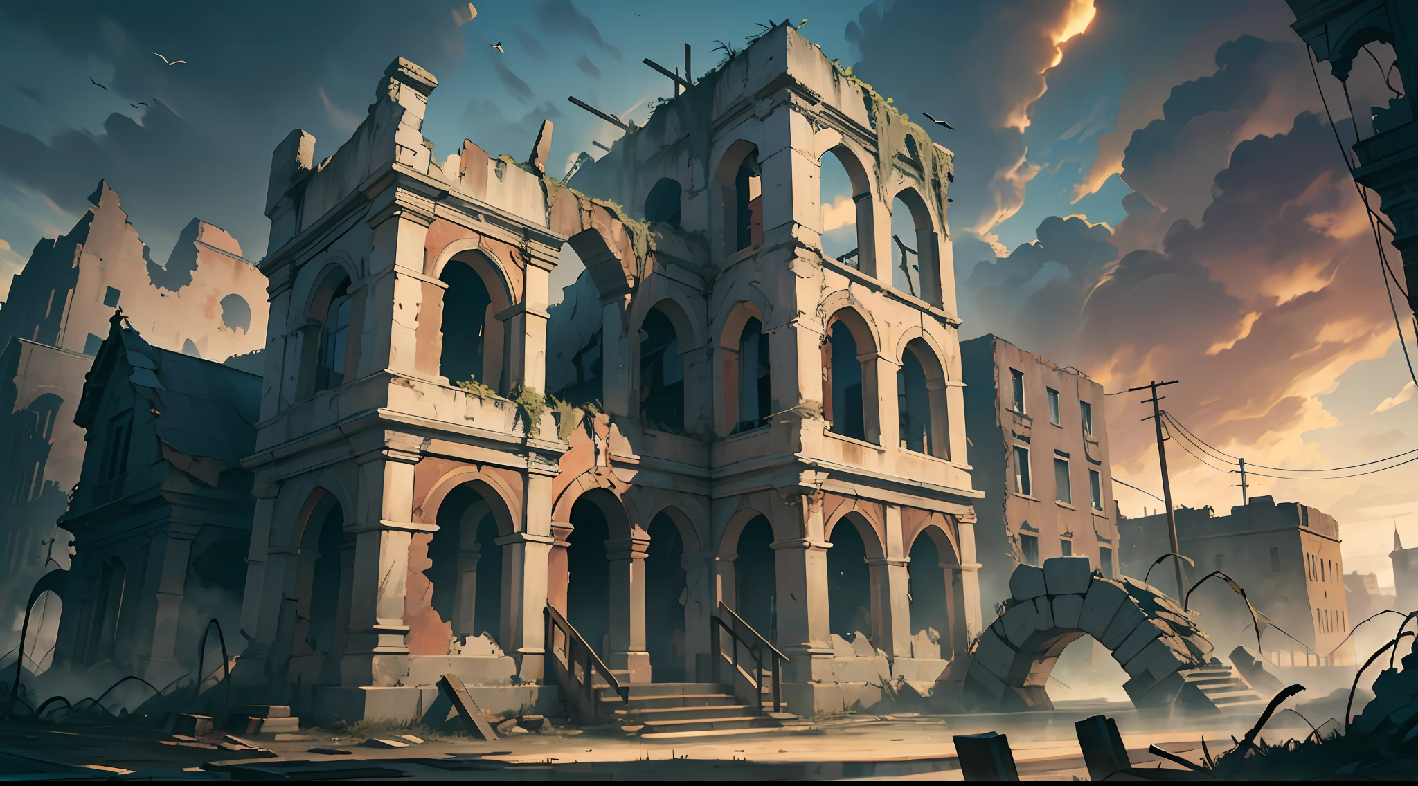 Masterpiece, best quality, (very detailed CG unity 8k wallpaper), (best quality), (best illustration), (best shadow), city theme with horror elements, ruins, quiet city, surrounded by broken houses and wooden boards, also crows and glowing particle effects, (natural elements), (horror theme), (house), (dark sea of clouds), ruins, isometric 3D, Octane rendering, ray tracing, super detailed