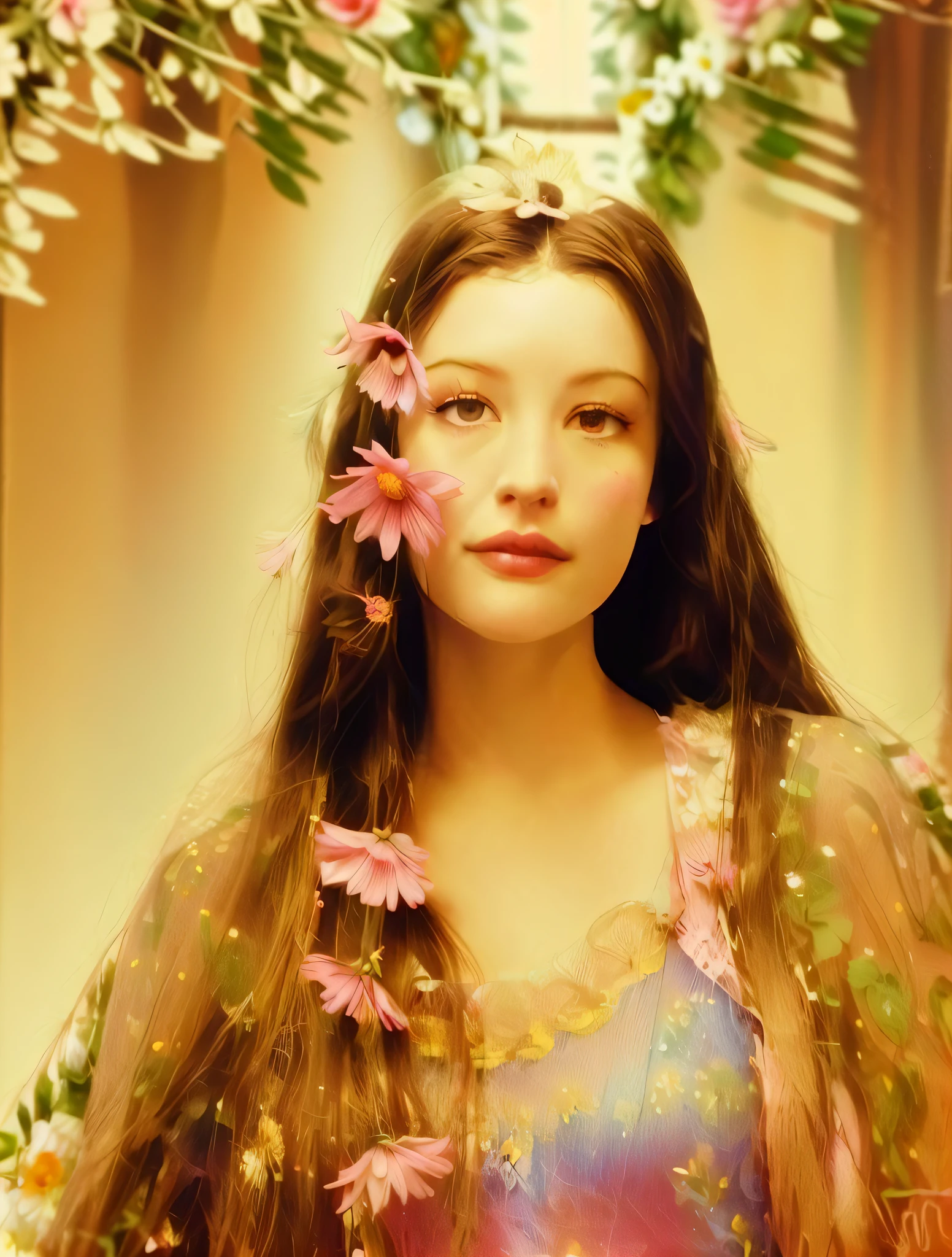 arafed woman with long hair and flowers in her hair, looks like young liv tyler, liv tyler, floeers in hair, flower goddess, masterpiece! portrait of arwen, with flowers, flower child, in a style blend of botticelli, beautiful maiden, flowers in hair, flower in hair, drew barrymore, promo image, flowers in her dark hair