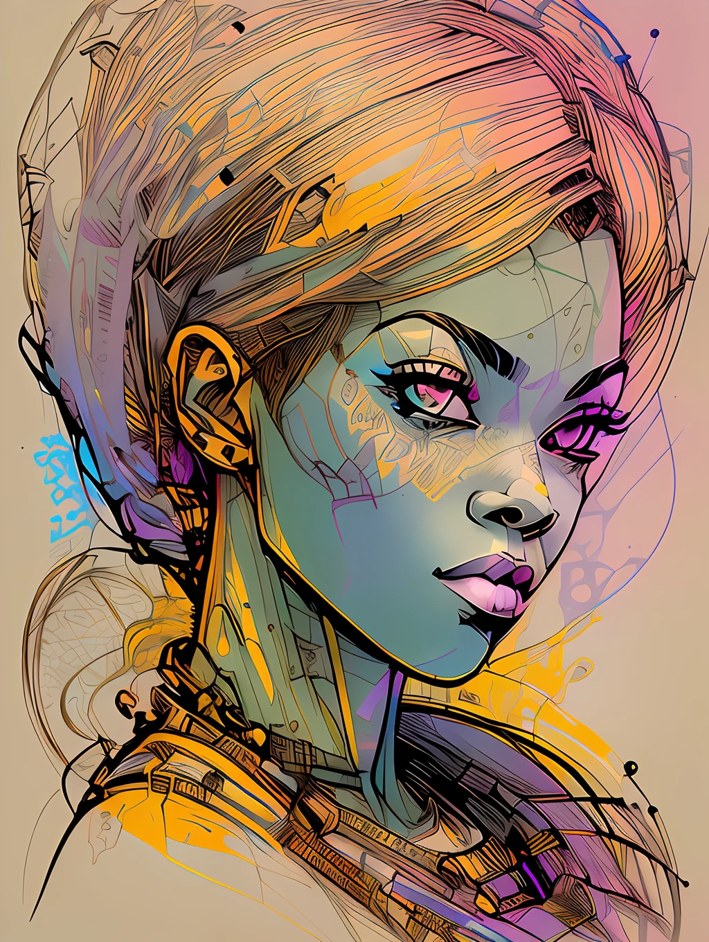 nvinkpunk, floral, steampunk (((African young-aged woman))), insanely beautiful woman, masterpiece, best quality, ((detailed face)), long messy hair, pastel colors, bright eyes, ((award winning)), (High Detail), Sharp, 8k, trending on artstation, intricate, floral.