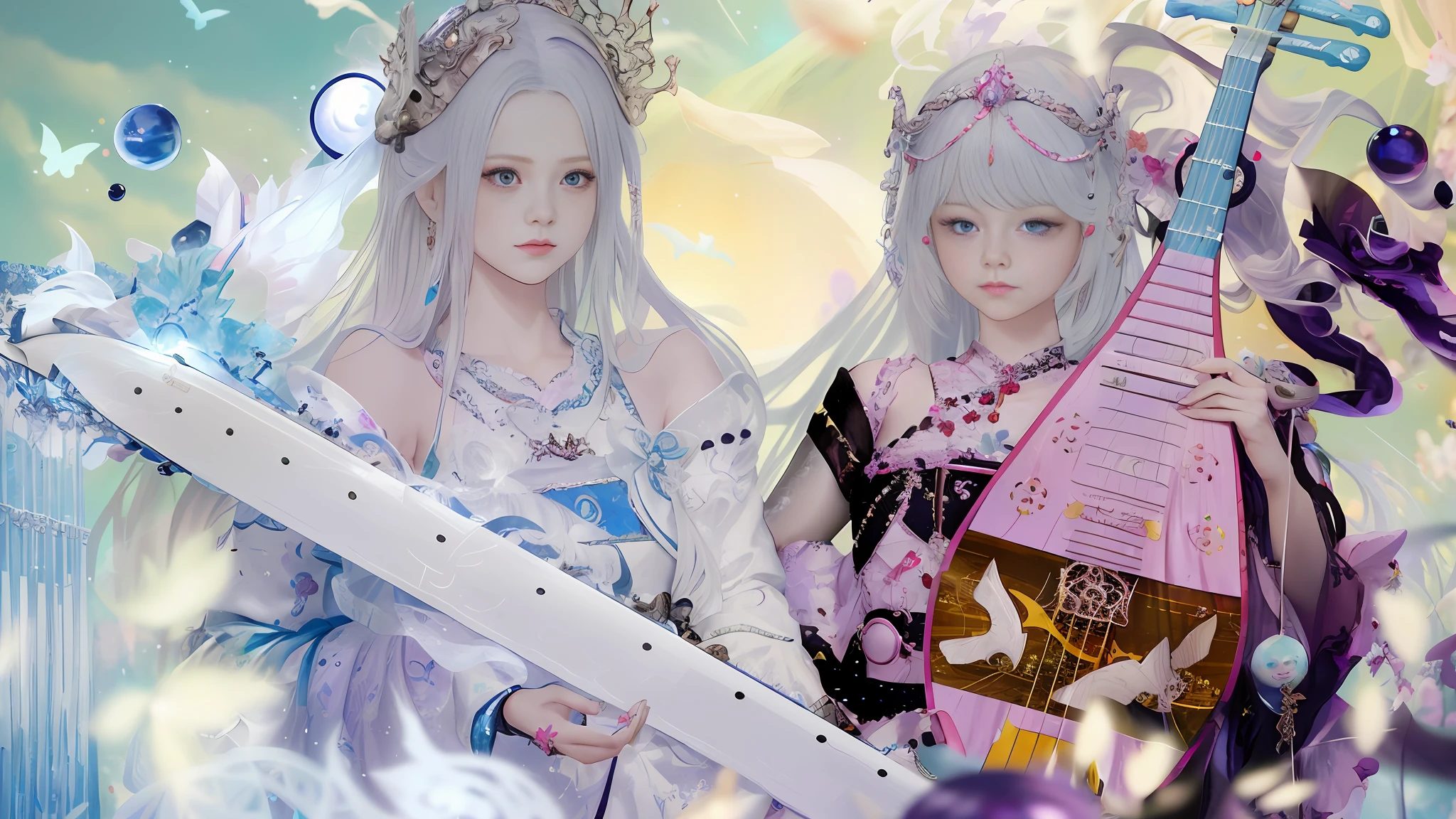 a picture inspired by Wang Duo, trending on cg society, (fantasy violin), world of lute, ethereal fantasy, queen and ruler of the universe, xianxia fantasy, guweiz masterpiece, guweiz, fantasy violin, wlop and sakimichan, Two ancient girls, white hair, rococo, motion blur, speed lines, vignetting, motion blur, UHD, retina, high details, best quality, 4K, best quality, highres, high details, high quality, 4K