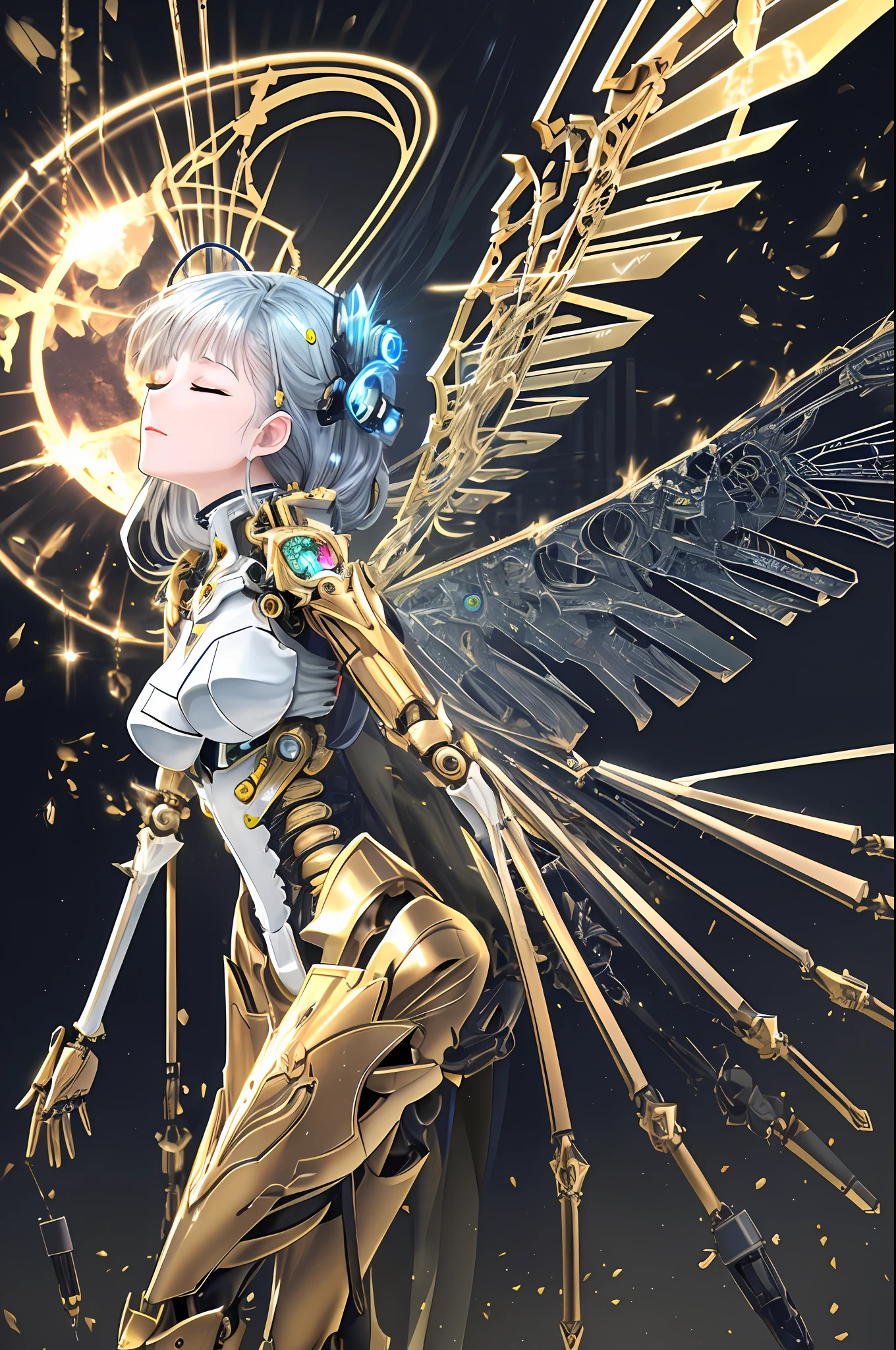 Top Quality, Masterpiece, Intricate Detail, Absurd Detail, Highly Detailed 8k Wallpaper, Realistic, Incredibly Detailed, realistic and beautiful mechanical girls, (mechanical glowing antennas attached to the ears: 1.1), (closed eyes: 1.1), Break, mechanical girl, (machine-made joints, mechanical limbs and fingers, exoskeleton spine and coccyx: 1.2), (shining giant mechanical wings: 1.4), (dynamic angle: 1.2),