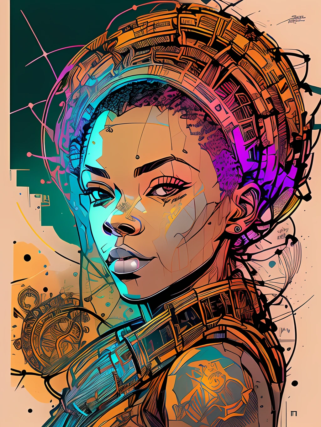 nvinkpunk, floral, steampunk (((African young-aged woman))), insanely beautiful woman, masterpiece, best quality, ((detailed face)), long messy hair, pastel colors, bright eyes, ((award winning)), (High Detail), Sharp, 8k, trending on artstation, intricate, floral.