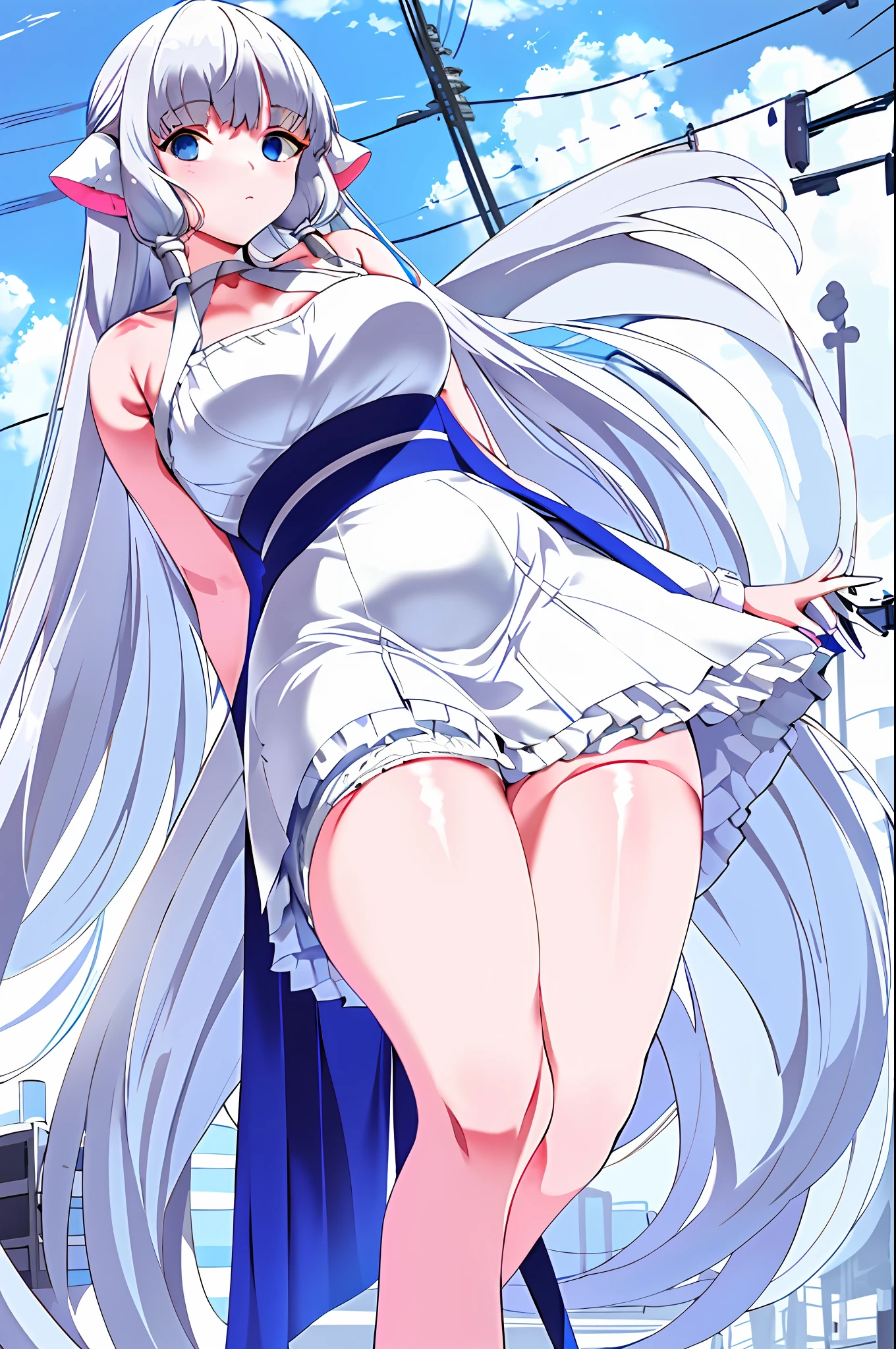 nai live-life photo, 8k,, big, girl, an eighteen-year-old girl,((blue eyes))), delicate hair, huge, ((long white hair)), white shirt, white short skirt, white coat, (white stockings), white sneakers, tattered clothes, open clothes