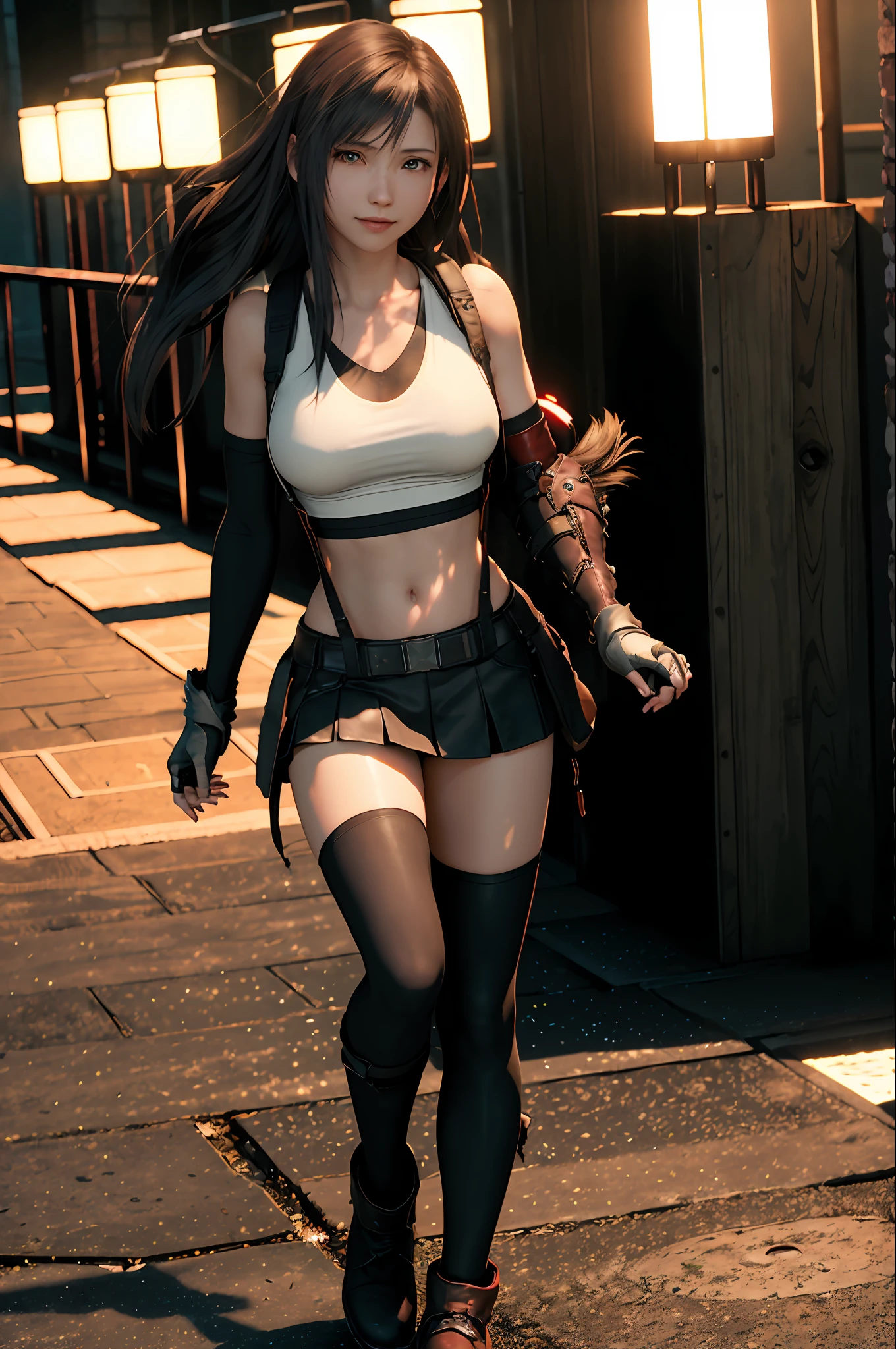 (8K, Best Quality, Masterpiece: 1.2), (Realistic, Photorealistic: 1.37), Super Detail, One Girl, Cute, Solo, (Tifa Lockhart), (Small Breasts), (Beautiful Eyes), (Smile: 1.2), (Closed), Erotic Pose, Dance, Neon, Cityscape, Depth of Field, Dark Strong Shadows, Sharp Focus, Car, Motion Blur, Motorbike, depth of field, composition, glowing green, final fantasy vii, date, (nose brush), single elbow pads, ankle boots, black hair, black skirt, black thighs, red boots, elbow gloves, elbow pads, fingerless gloves, taut shirt, sports bra, (suspender black skirt), thigh, white tank top, full body, headrest, lips, beautiful face, low tie long hair, (red_eyes)), yellow flowers, (night: 1.3), complex, bokeh, cinematic lighting, photon mapping, radiosity, physically based rendering, (Tetsuya Nomura style)