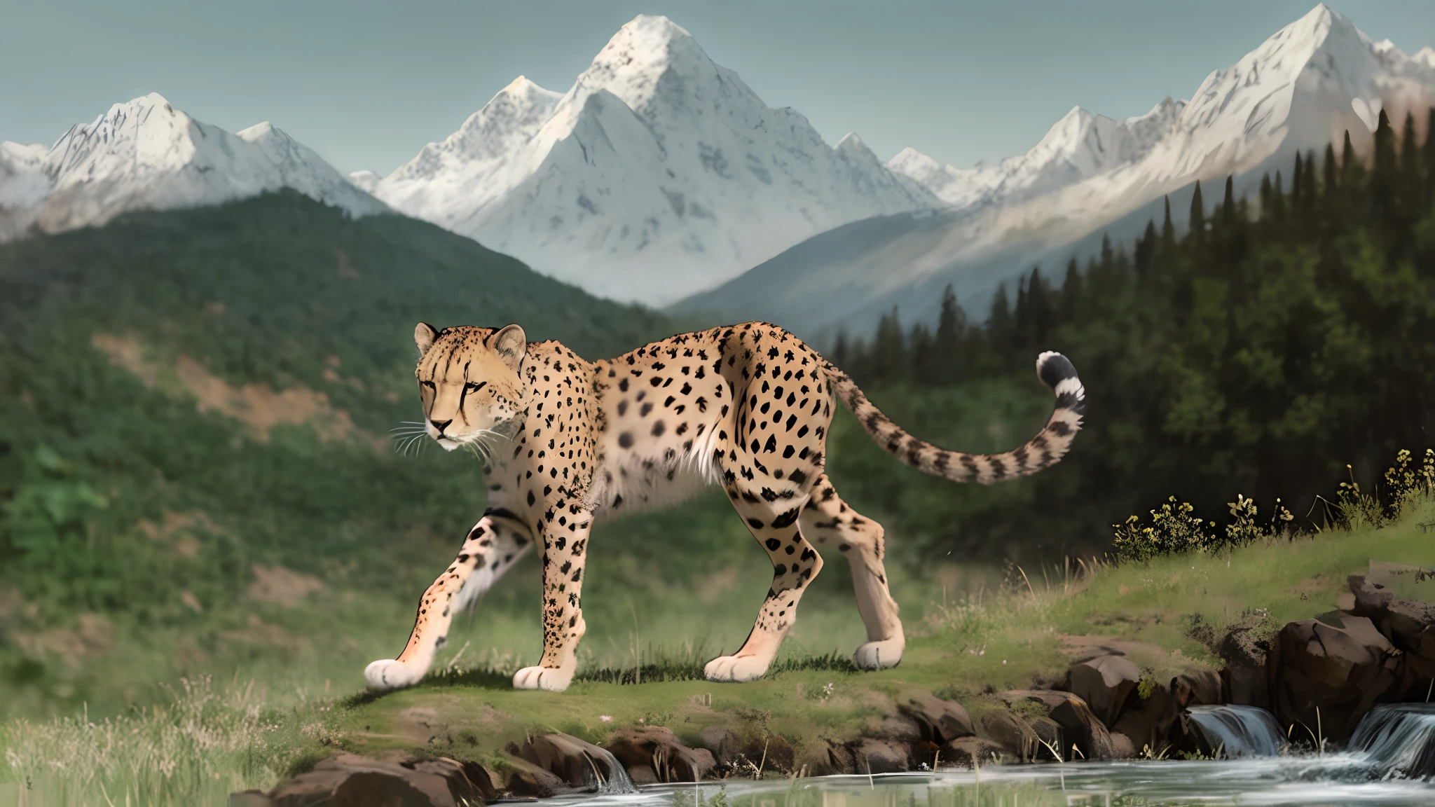 clear focus, front left paw is stretched forward, male cheetah, young cheetah, paws drawn completely, canon wildlife photography, wildlife. Atmospheric, against the backdrop of a beautiful spring landscape with mountains, a waterfall and pine trees, Masterpiece
