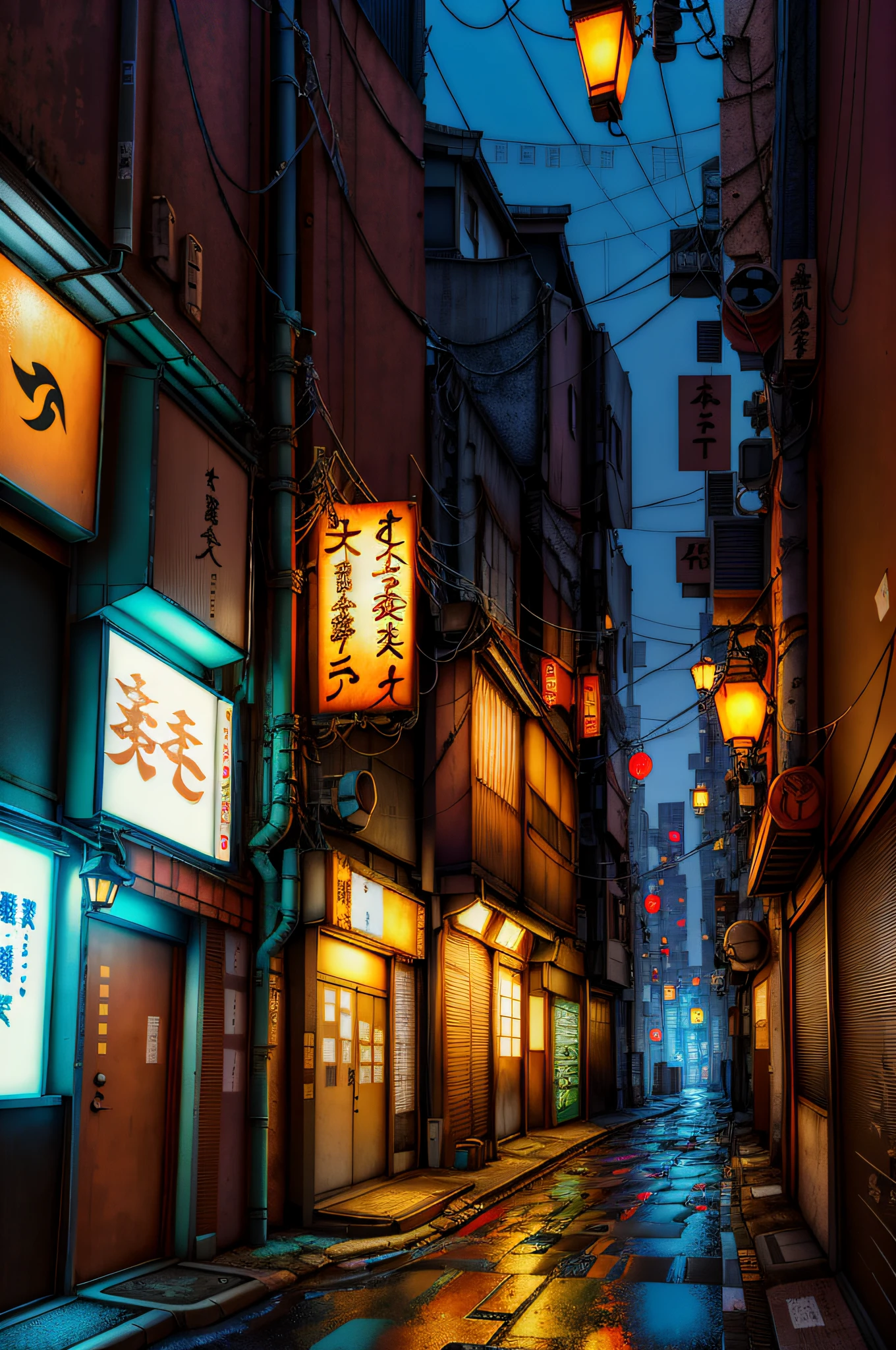 lonely narrow alley in tokyo, cyberpunk city, empty street, night, japanese, japanese signs, old shops, cozy, circuit boards, wires, culverts, hyper-detailed, realistic, ultra-realistic, high quality, best, ultra detail, crazy detail, extremely detailed, photographic realism, 8k