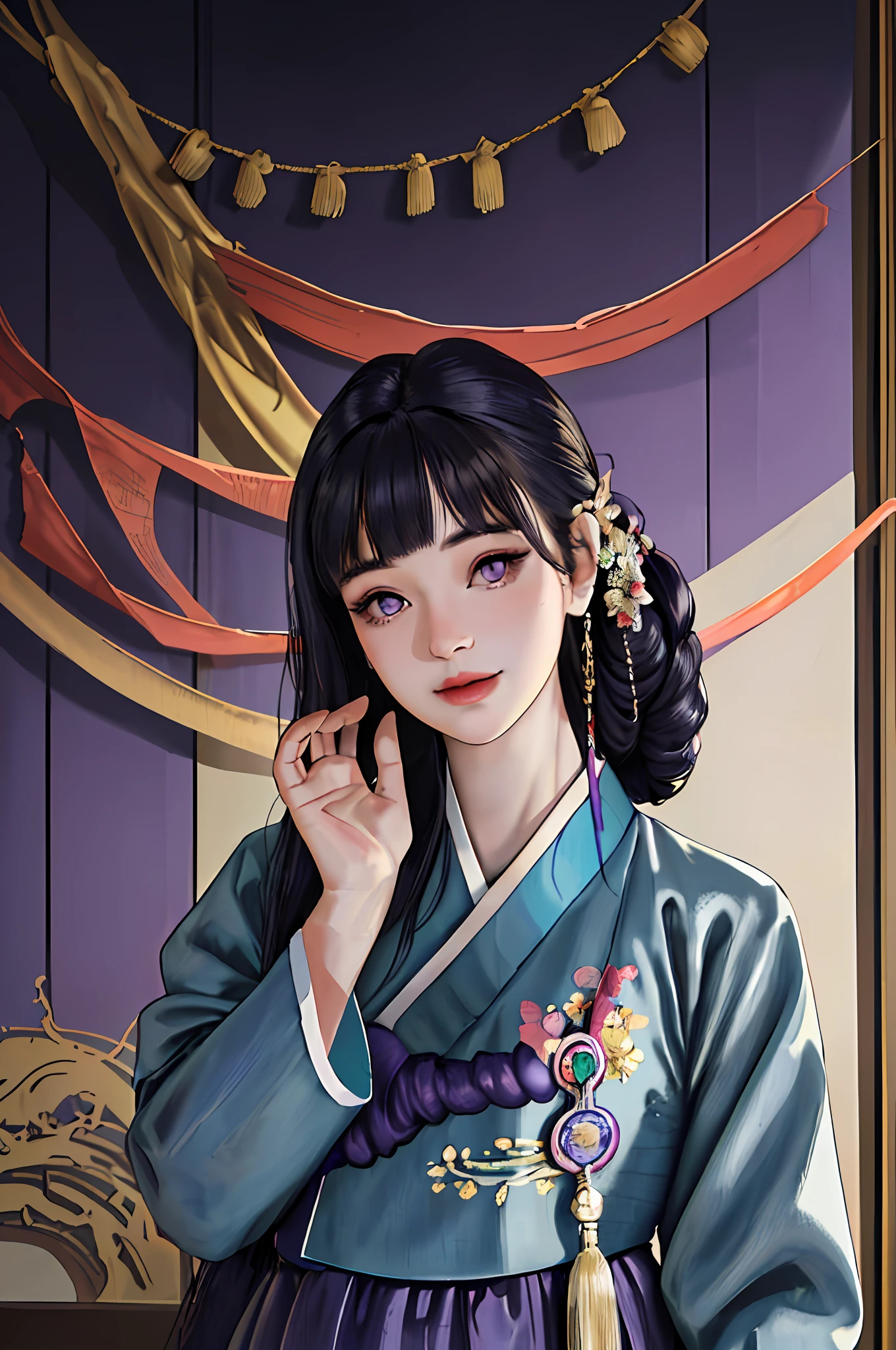 (8k, RAW Photo, Best Quality, Masterpiece:1.2), Ultra Detail, Ultra High Resolution, (Realistic, Photorealistic Photo:1.37), Portrait, High Detail RAW Color Photo, Professional Photo, Extreme Delicate and Beautiful, Extreme Details, 8k Wallpaper, Amazing and Detailed Details, Huge File Size, Official Art, Highly Detailed CG Unity 8k Wallpaper, 1girl, Very Detailed Beautiful Girl, Very Detailed Face, Very Detailed Eyes, purple Eyes, Very detailed skin, very detailed nose, very detailed mouth, perfect anatomy, arm back, very pretty face, smile, oriental style, dark blue gorgeous hair, heavy makeup, long hair, medium breasts, wide buttocks, hanbok, detailed clothes, short neck, very short arms, camera upwards, a slightly turned position, upper body portrait photo, {cute 19 year old girl}, hands down, upper body close-up, 5fingers per hand, no overlapped hands, floral hairpins, colorful backgrounds, (((blunt bangs))), updo hair
