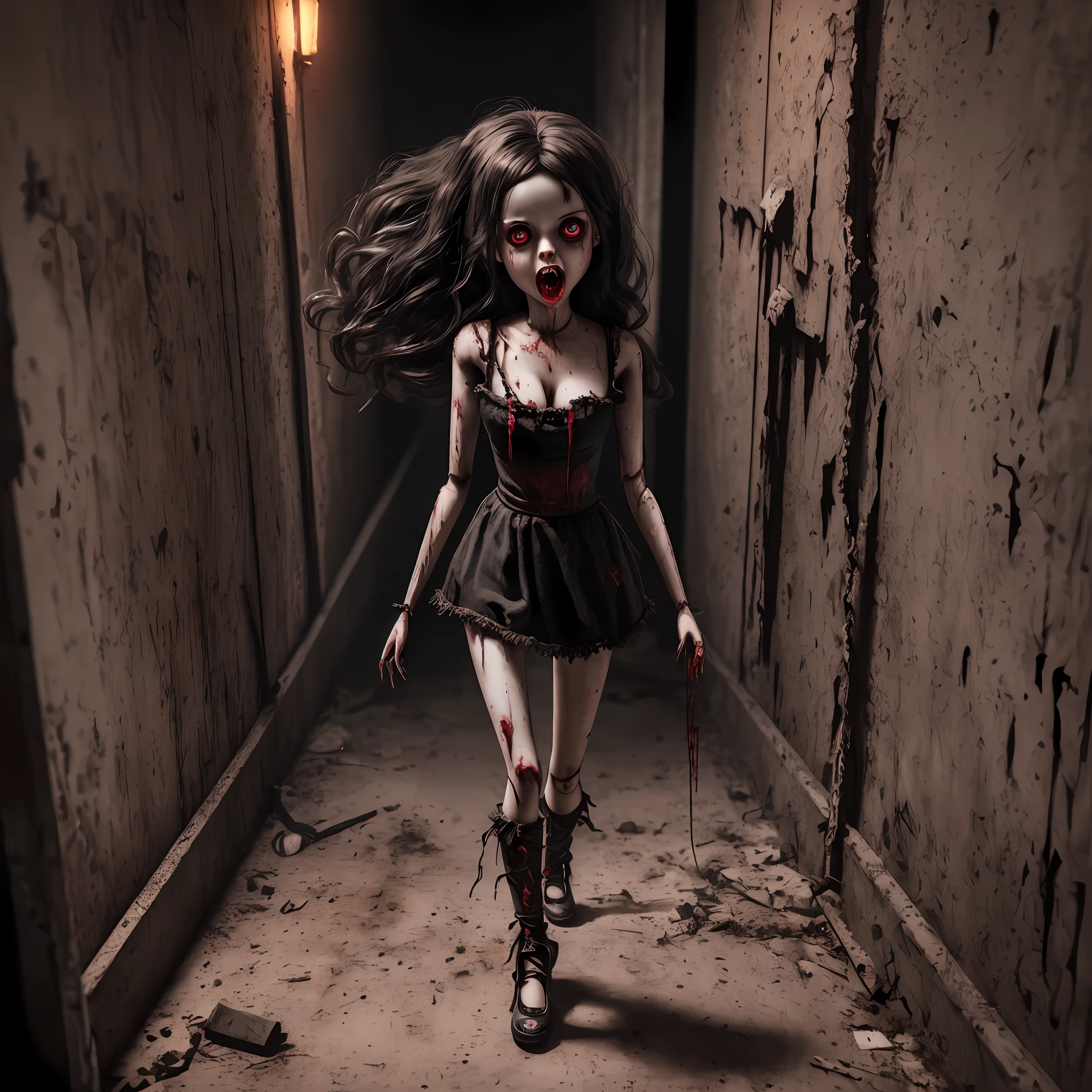Top quality, dark, 8k, 3d, realistic, real photo, cinema style, horrifying doll, with deep dark eyes, huge mouth with pointed teeth with blood dripping, little hair, torn clothes, legs and arms elongated and crooked, in a dark and neon hallway. --auto --s2