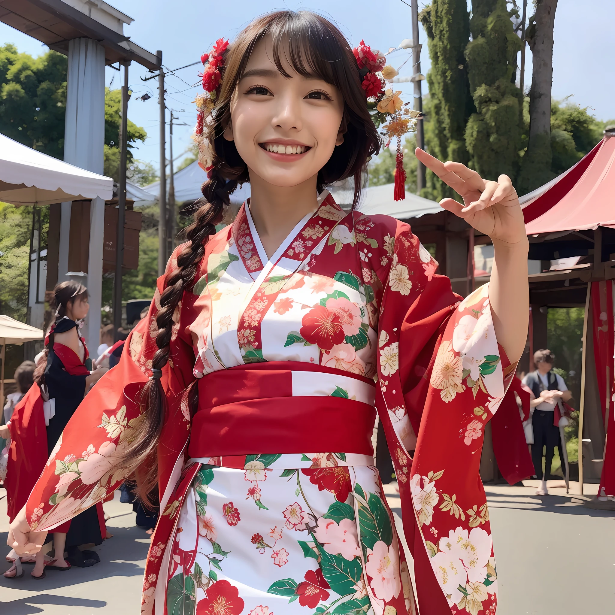 Long hair, floral ornament, red furisode, festival venue