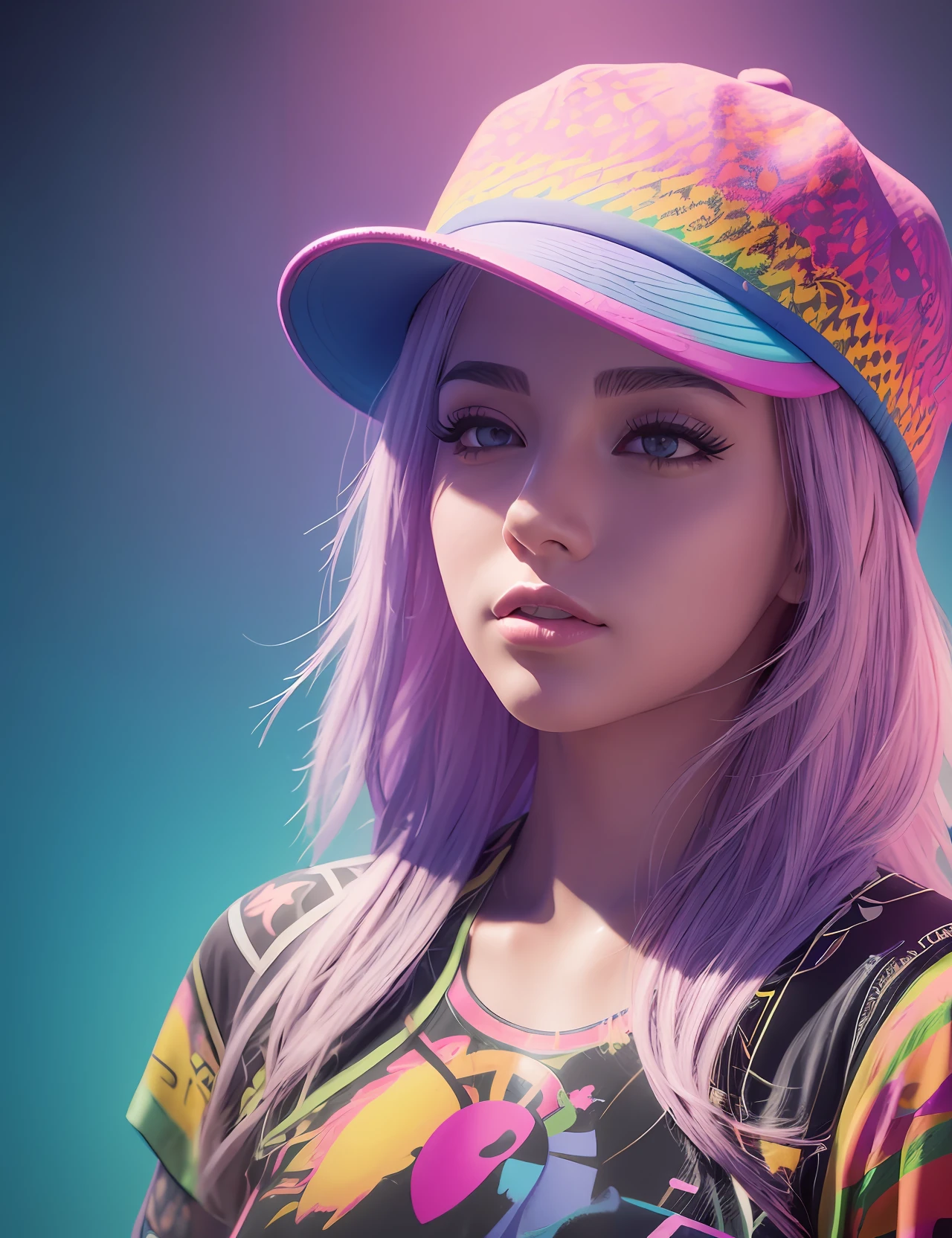 A detailed illustration of a beautiful girl, wearing a hat, the girl have tattoos in the arms, psychedelic artsyle, t-shirt design, splatter artstyle, pastel tetradic colors, 3D vector art, fantasy art, watercolor effect, Adobe Illustrator, hand-drawn, digital painting, low-poly, soft lighting, isometric style, retro aesthetic focused on the character, 4K resolution, photorealistic rendering, using Cinema 4D --auto --s2