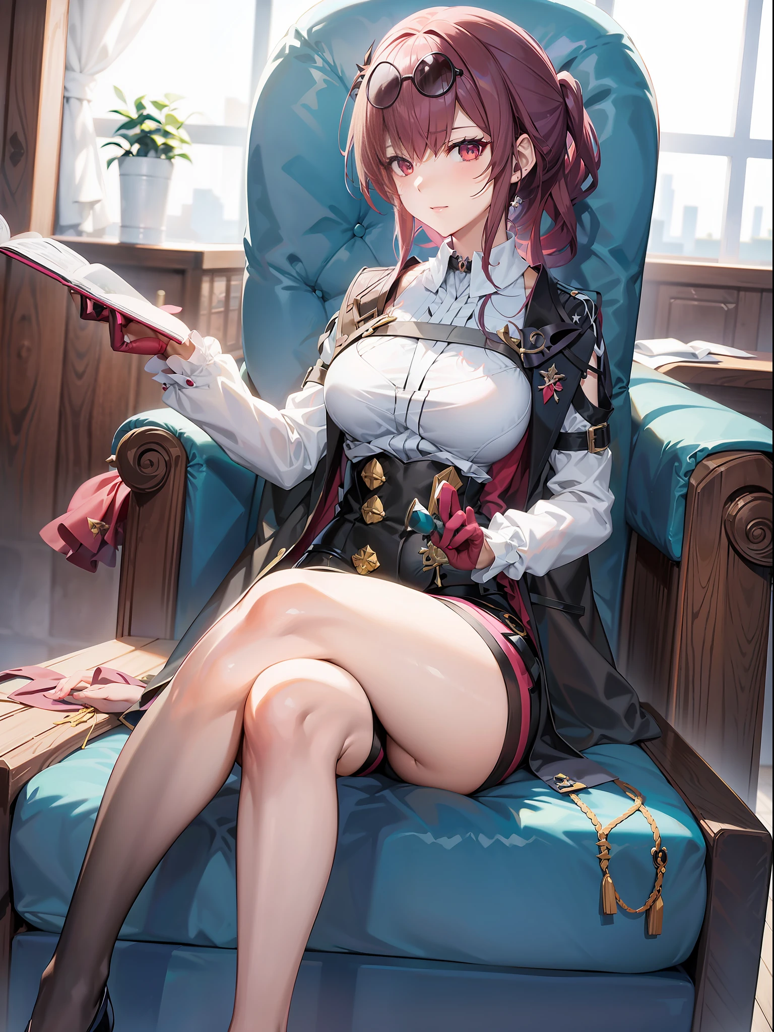 Anime girl sitting cross-legged in chair, Shalltear from Overlord, Shalltear Bloodfallen, Ayaka Genshin Impact, Best Anime 4k Konahan wallpaper, from Girls Frontline, Guweiz, from Arknights, Gapmoe Yandere Grimdark, anime Moe Artstyle, fine details, Female action anime girl, girl front style, beautiful seductive anime woman, attractive anime girl, (SFW) safety job