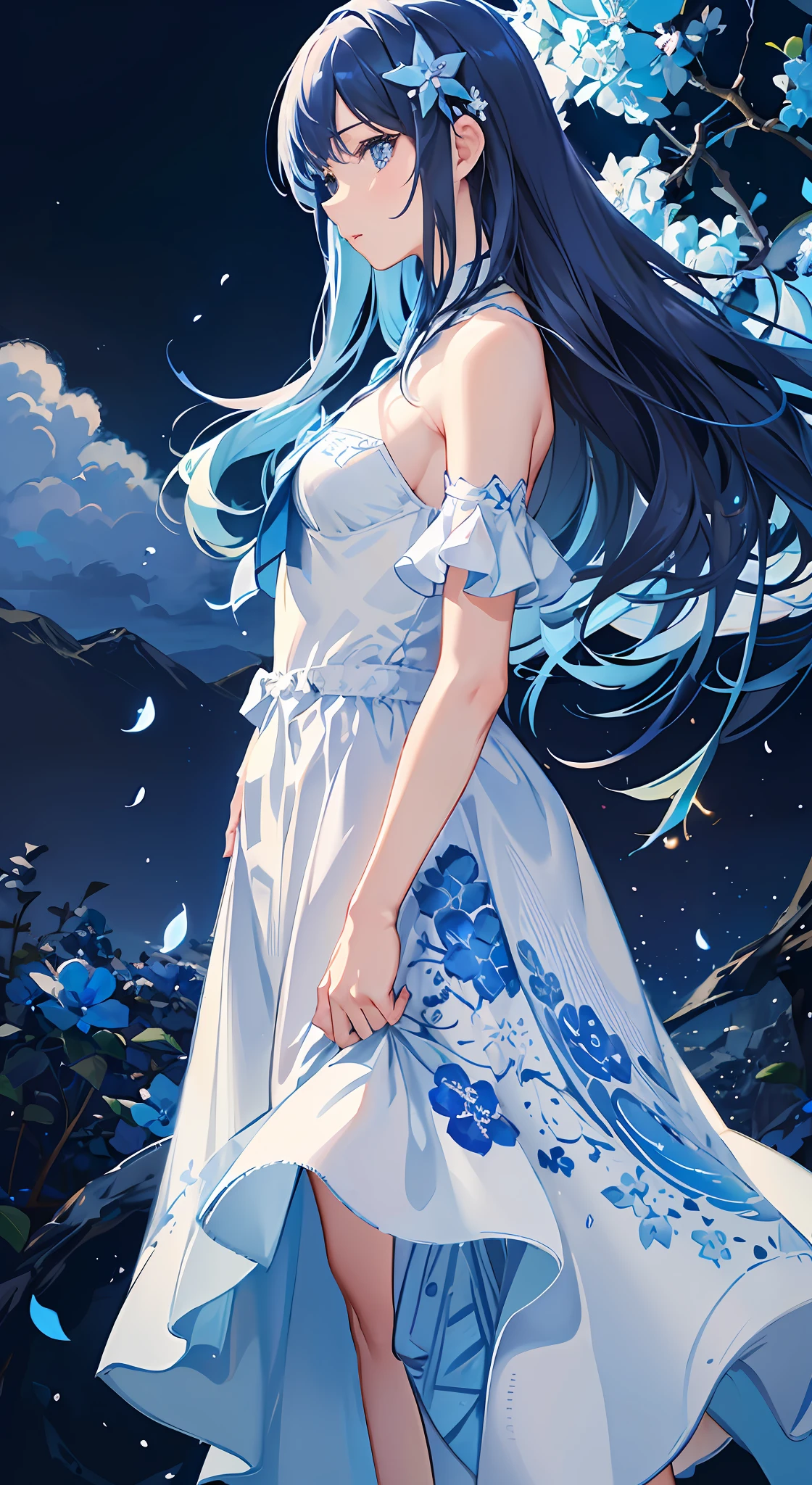 (absurdres, highres, ultra detailed, UHD, cinematic), solo, 1girl, mature, happy, girl standing in blue flower field, flower petal surrounding girl, full body, long hair girl, blue hair, fantasy, dreamy, snowy, official art, pop art, profile, ultra detailed face, ultra detailed eyes, blue flower field, ultra detailed field, blue sky, cold, blue, dark blue, white, nebula in the sky, blue tree, watercolor, pastel color