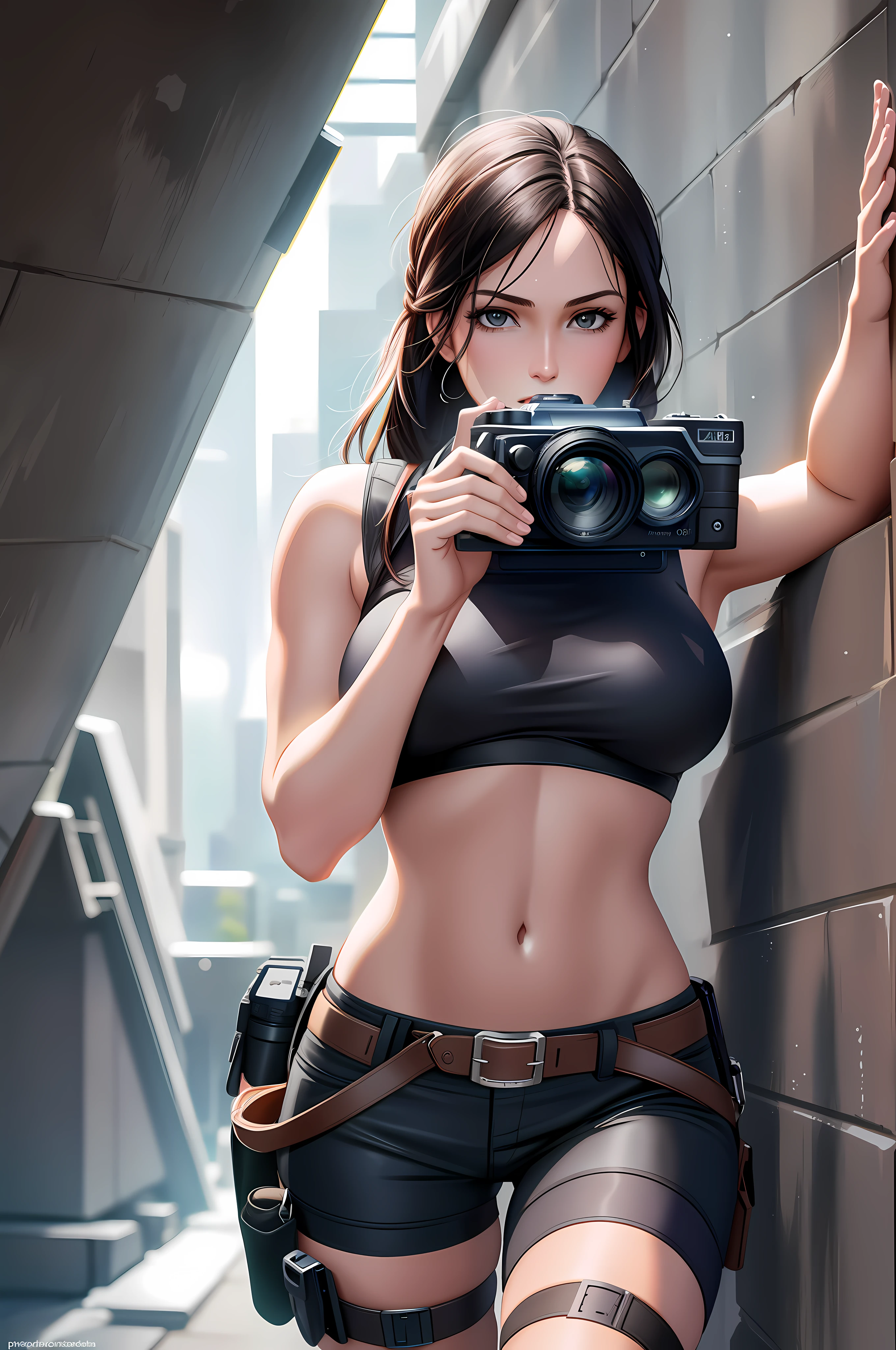 Lara croft, woman taking a picture with a camera on a white background, professional photographer, professional picture, professional photography, paparazzi photography, professional image, professional dslr photo, female photography, hd professional photography, professional profile picture, professional photoshoot, amazing professional picture, professional photoshooting, high quality dslr photography, professional photo, commercial photo, 4k. profession photography, modeling photography