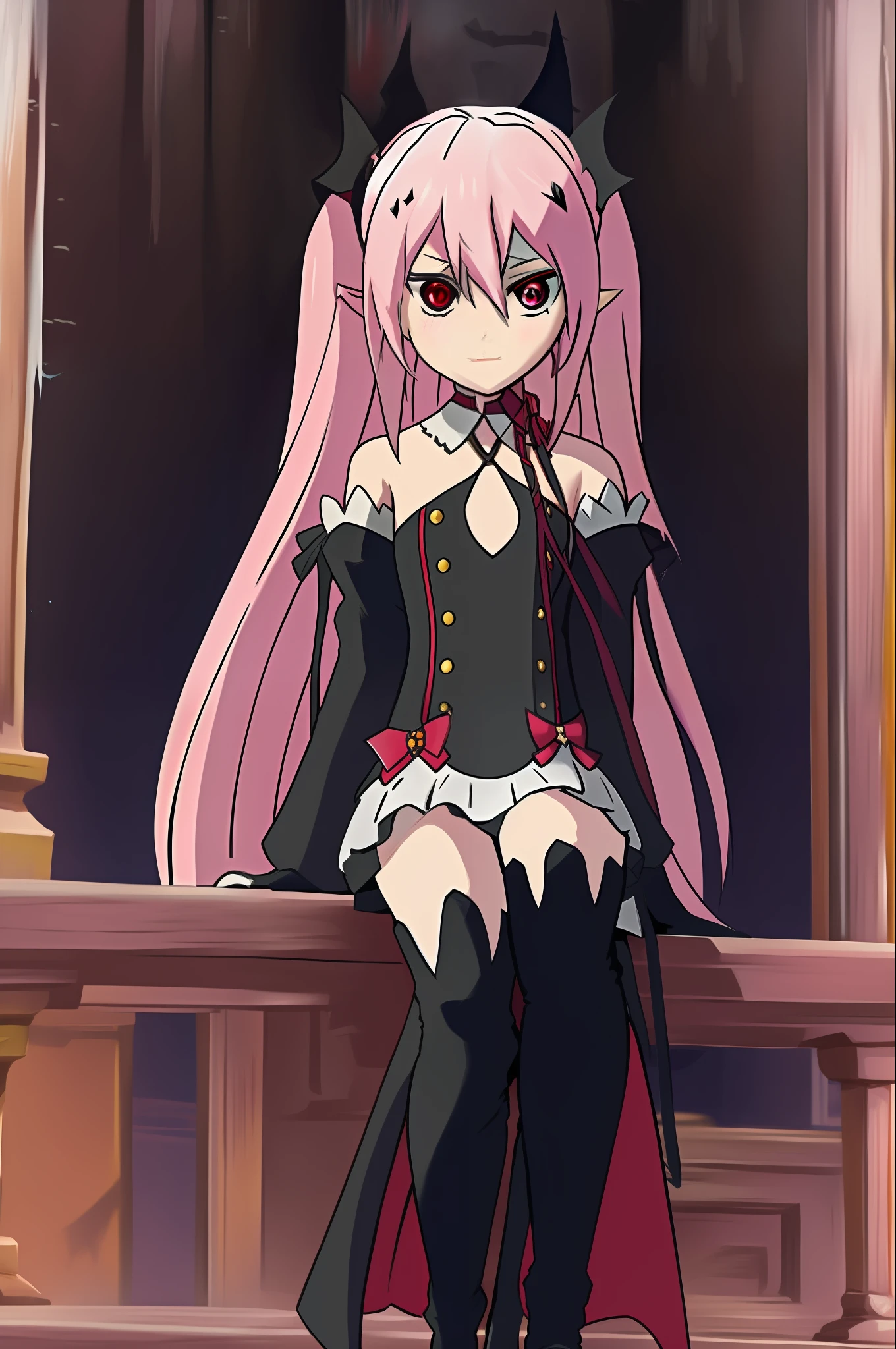 krul tepes,simple background,facing viewer,sitting,pointy ears, Long boots,