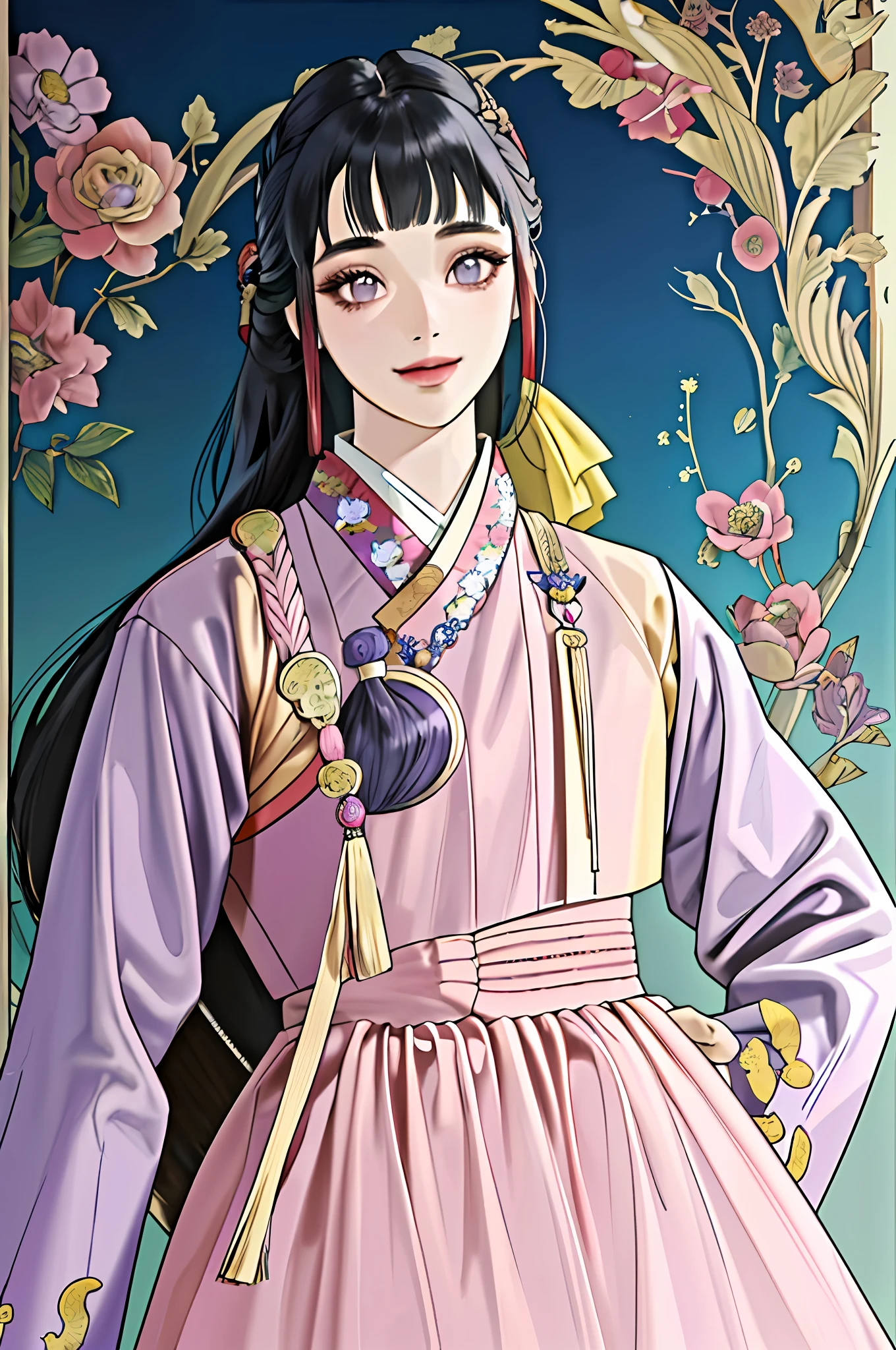 (8k, highest quality, masterpiece:1.2), ultra detail, ultra high resolution, portrait, high detail, professional photo, super colorful photo, extremely delicate and beautiful, extremely detailed, 8k wallpaper, amazing and detailed detail, huge file size, official art, highly detailed CG unity 8k wallpaper, 1girl, very detailed beautiful girl, very detailed face, very detailed eyes,  Big purple eyes, very detailed skin, very detailed nose, very detailed mouth, perfect anatomy, arm back, very pretty face, smile, oriental style, dark blue hair, dark makeup, long hair, middle breasts, wide buttocks, pink hanbok, (((hanbok))), detailed clothes, short neck, very short arms, camera upwards, a slightly turned position, upper body portrait photo, {cute 19 year old girl}, hands down,  Upper body close-up, 5fingers per hand, no overlapped hands, no extra hands, no more than 1hand, floral hairpin, colorful background, (((blunt bangs))), updo hair