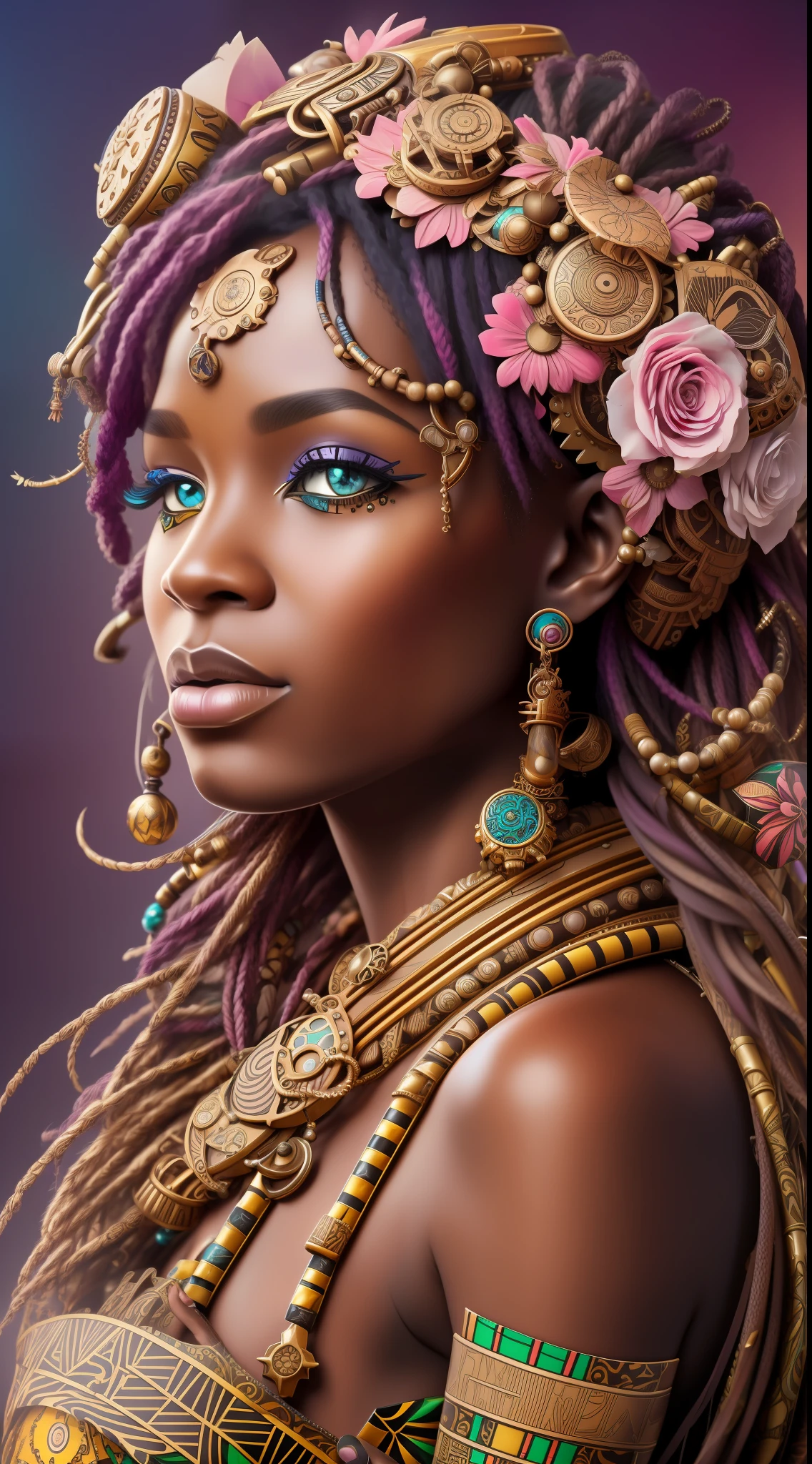 nvinkpunk, floral, steampunk (((African young-aged woman))), insanely beautiful woman, masterpiece, best quality, ((detailed face)), long messy hair, pastel colors, bright eyes, ((award winning)), (High Detail), Sharp, 8k, trending on artstation, intricate, floral. --auto --s2