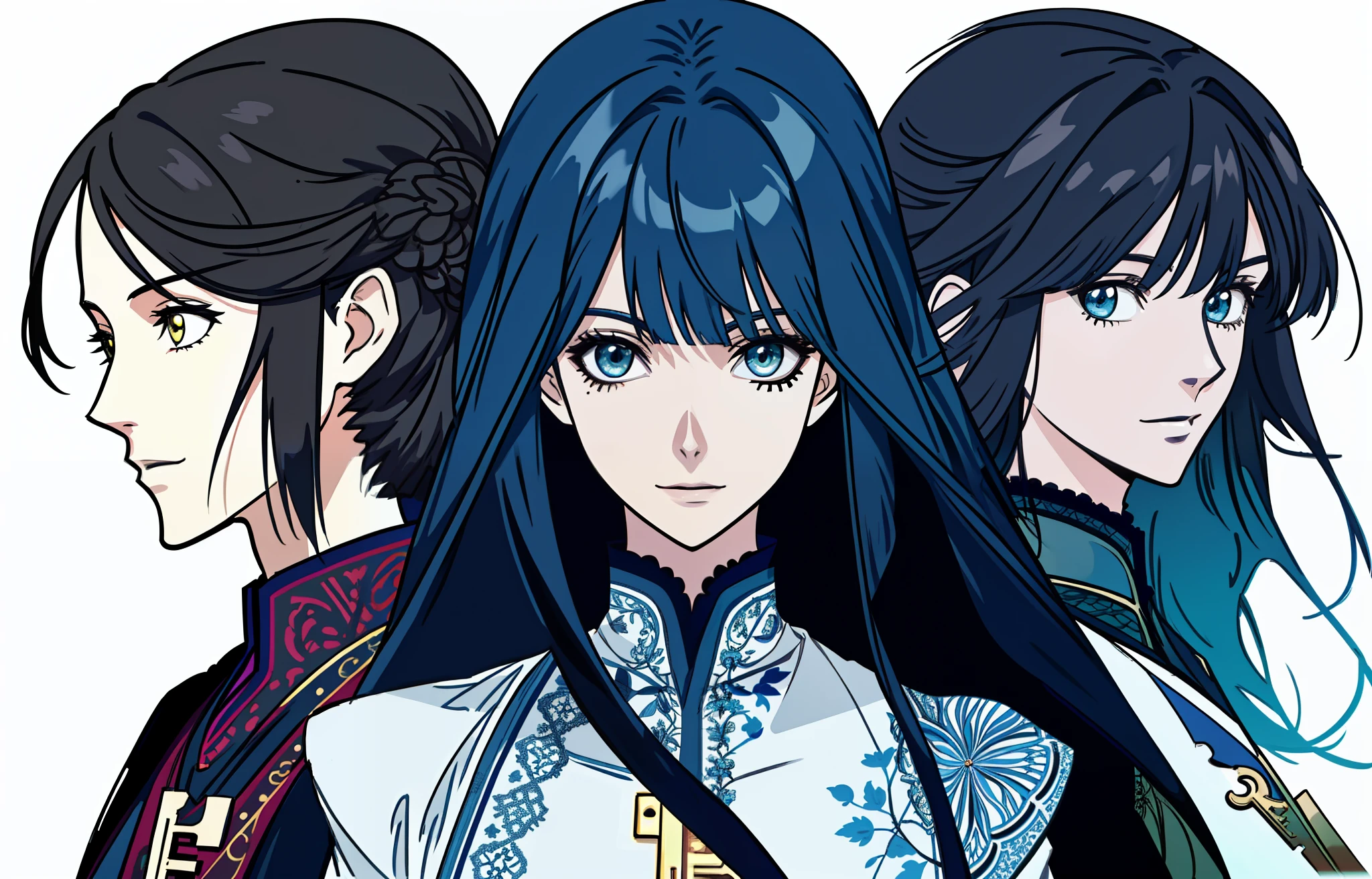 woman, from national geographic, (draft), rough drawing, face swatch, lots of face ideas, looking at viewers, face focus, close up, only face, a lot of front faces, divas, adult women, older groups, women with clear singing voices, transparent, calm, calm voice, a little natural, dark blue hair, smile, sister, vtuber design, singer, singer on youtube, beautiful, intricate design, intricate clothing design, (character sheet), ((white background)), (without text),(((key anime art))),multiple panel,face length