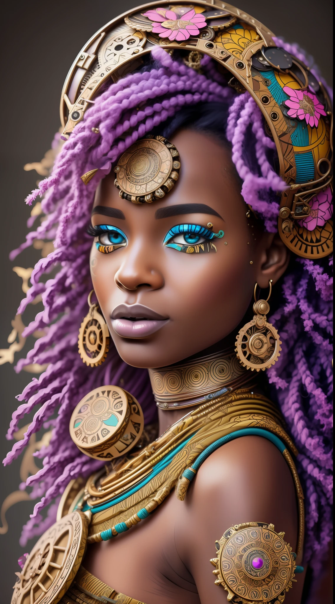 nvinkpunk, floral, steampunk (((African young-aged woman))), insanely beautiful woman, masterpiece, best quality, ((detailed face)), long messy hair, pastel colors, bright eyes, ((award winning)), (High Detail), Sharp, 8k, trending on artstation, intricate, floral. --auto --s2