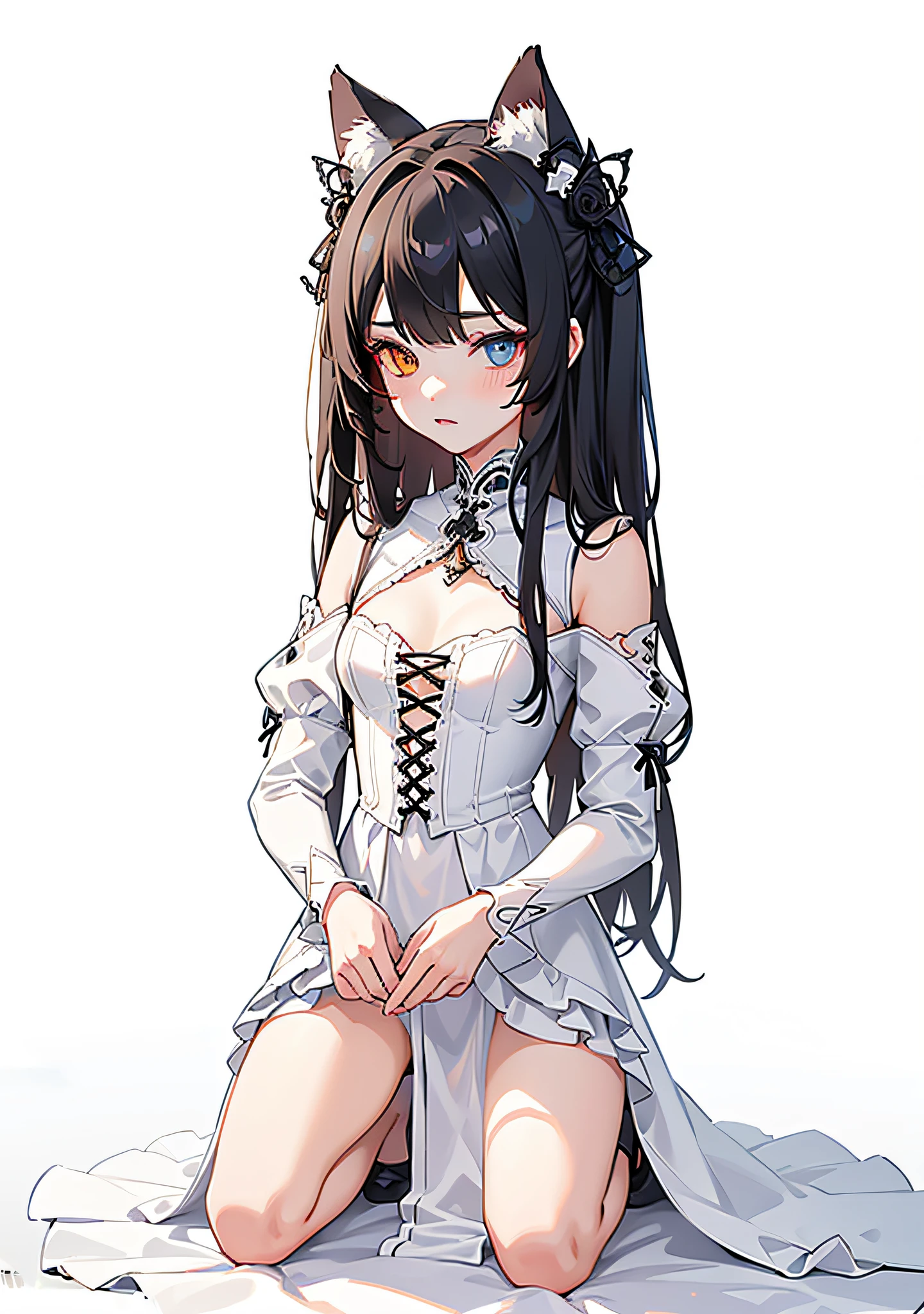 (ultra detailed) ,(high res), (masterpiece), 1girl kneeling down, wearing s gothic fashion style outfit and shoes, kitsune girl, beautiful eyes, medium breast,  (intricately detailed eyes), Heterochromia, cat ears, intricately detailed long dress cloth, small gothic hat, classy, (4k)