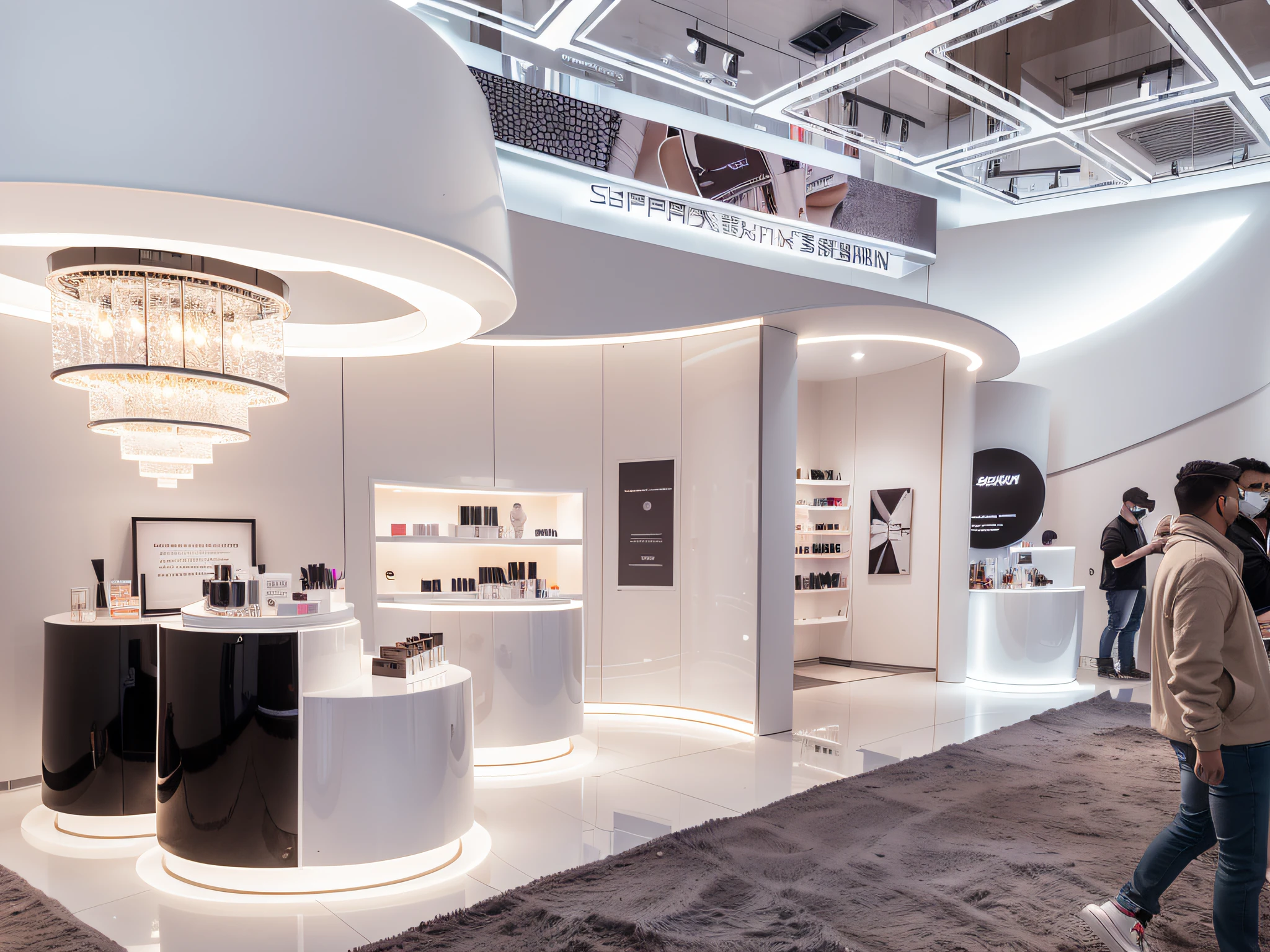 Booth design scheme, cosmetics category, lighting design, super detailed, white lighting, super wide angle, rounded arc design scheme, simplicity