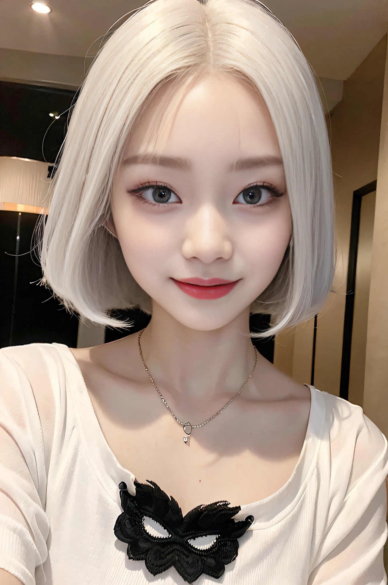 17 year old Korean, white hair, perfect eye dark makeup, many eyelashes, eye shadow, hanging eyes, thin legs, hotel bed, evil smile, devil smile