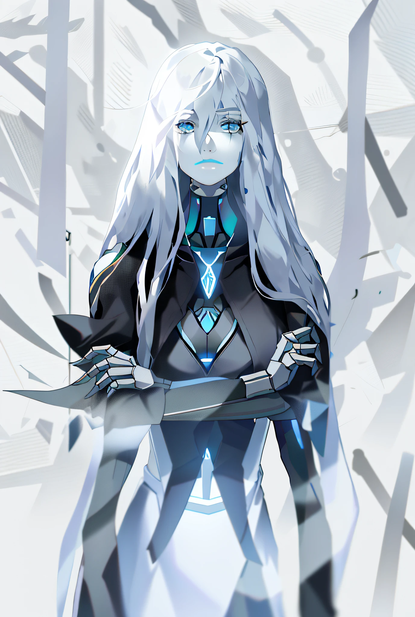 yorha type a no. 2,

1girl, android, bare shoulders, blue eyes, fog, hair over one eye, joints, light particles, long hair, mole, mole under mouth, one eye covered, portrait, robot joints, shadow, solo, white hair

robot, robot joints, mechanical parts, highres,