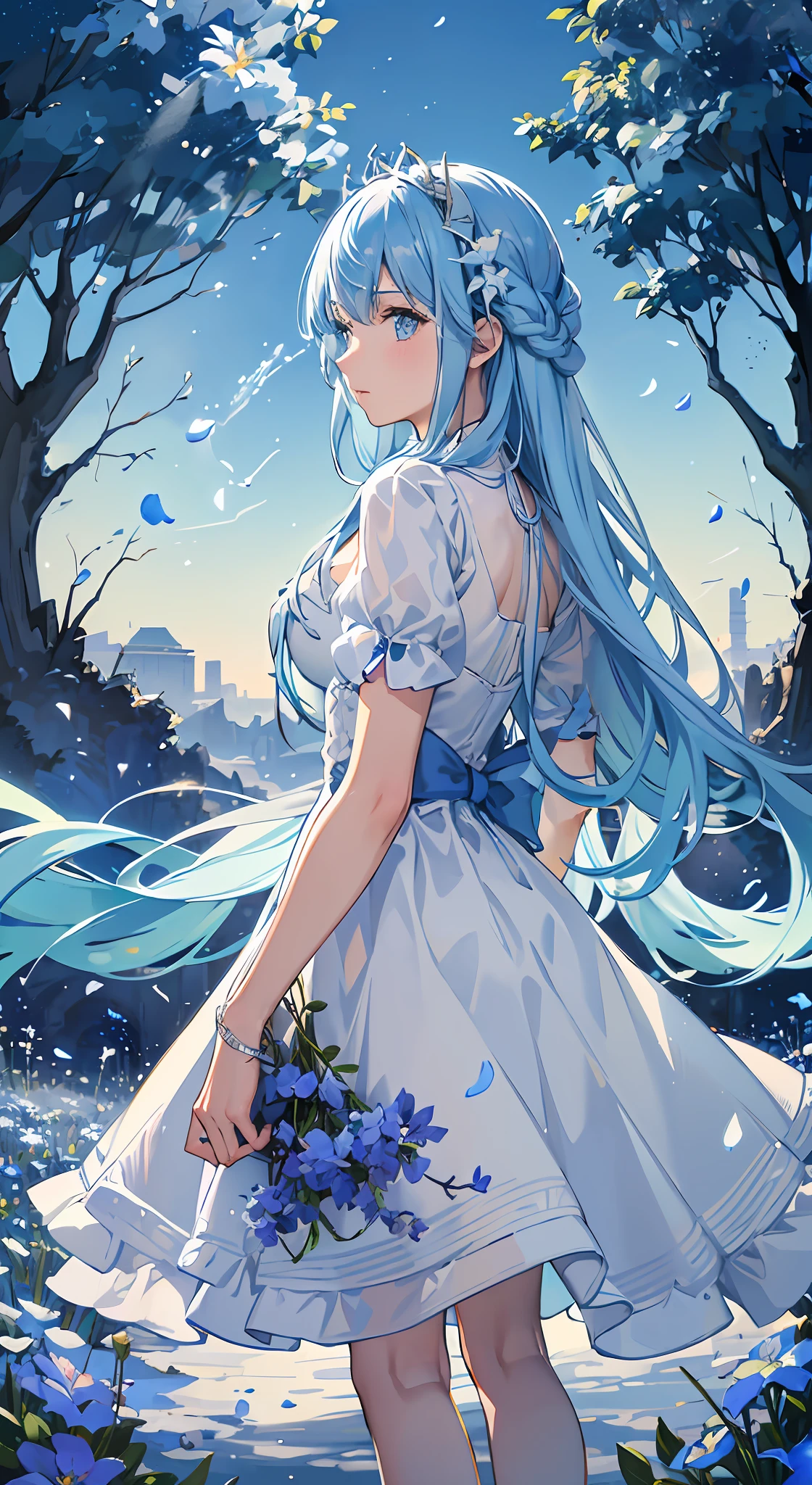 (absurdres, highres, ultra detailed, UHD, cinematic), solo, 1girl, mature, happy, girl standing in light blue flower field, light blue flower petal surrounding girl, full body, blue long hair girl, light blue hair, fantasy, dreamy, snowy, official art, pop art, profile, ultra detailed face, ultra detailed eyes, light blue flower field, ultra detailed field, white blue sky, cold, light blue, white, nebula in the sky, blue tree, watercolor, pastel color