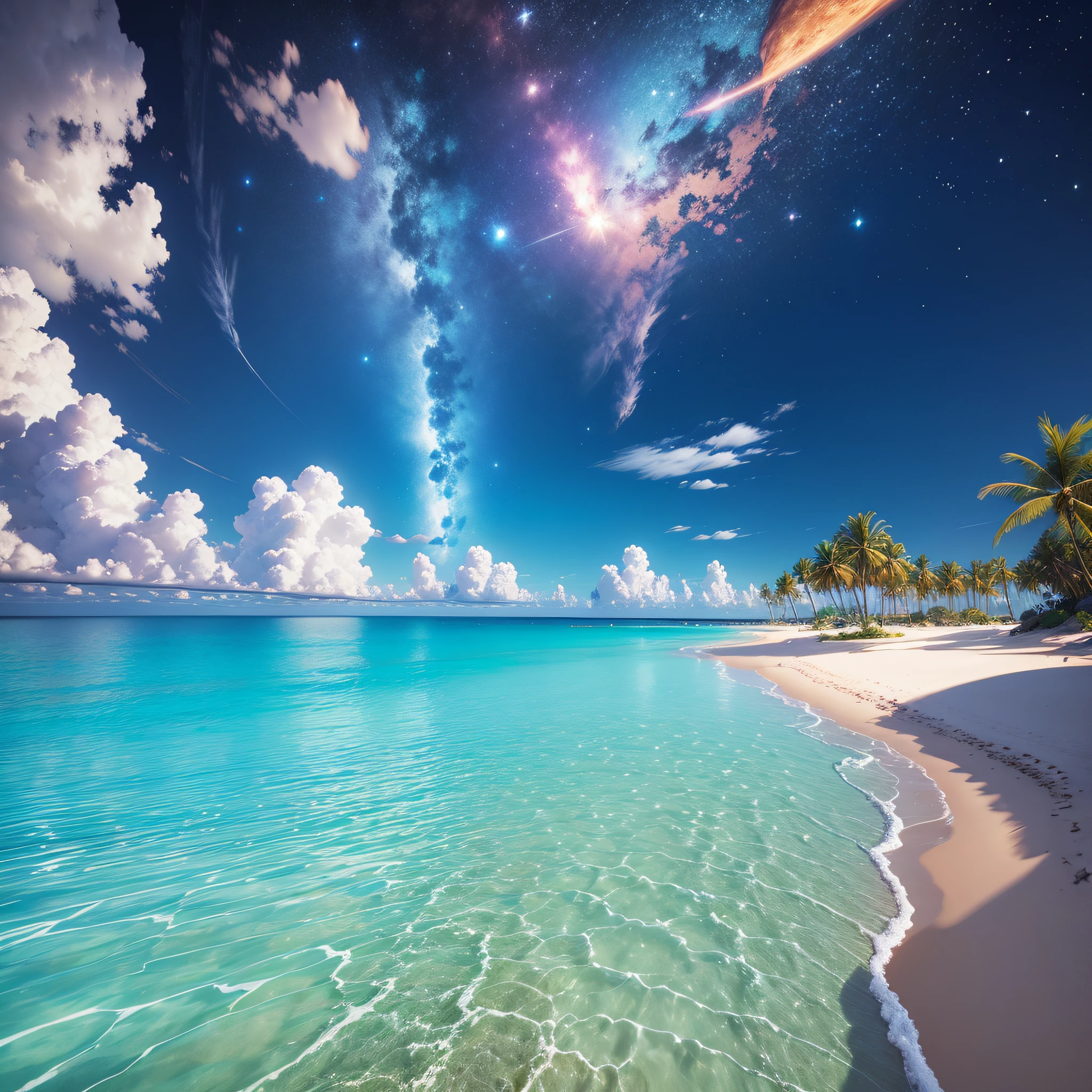 Ultra-realistic paradisiacal beach with futuristic space effects --auto --s2