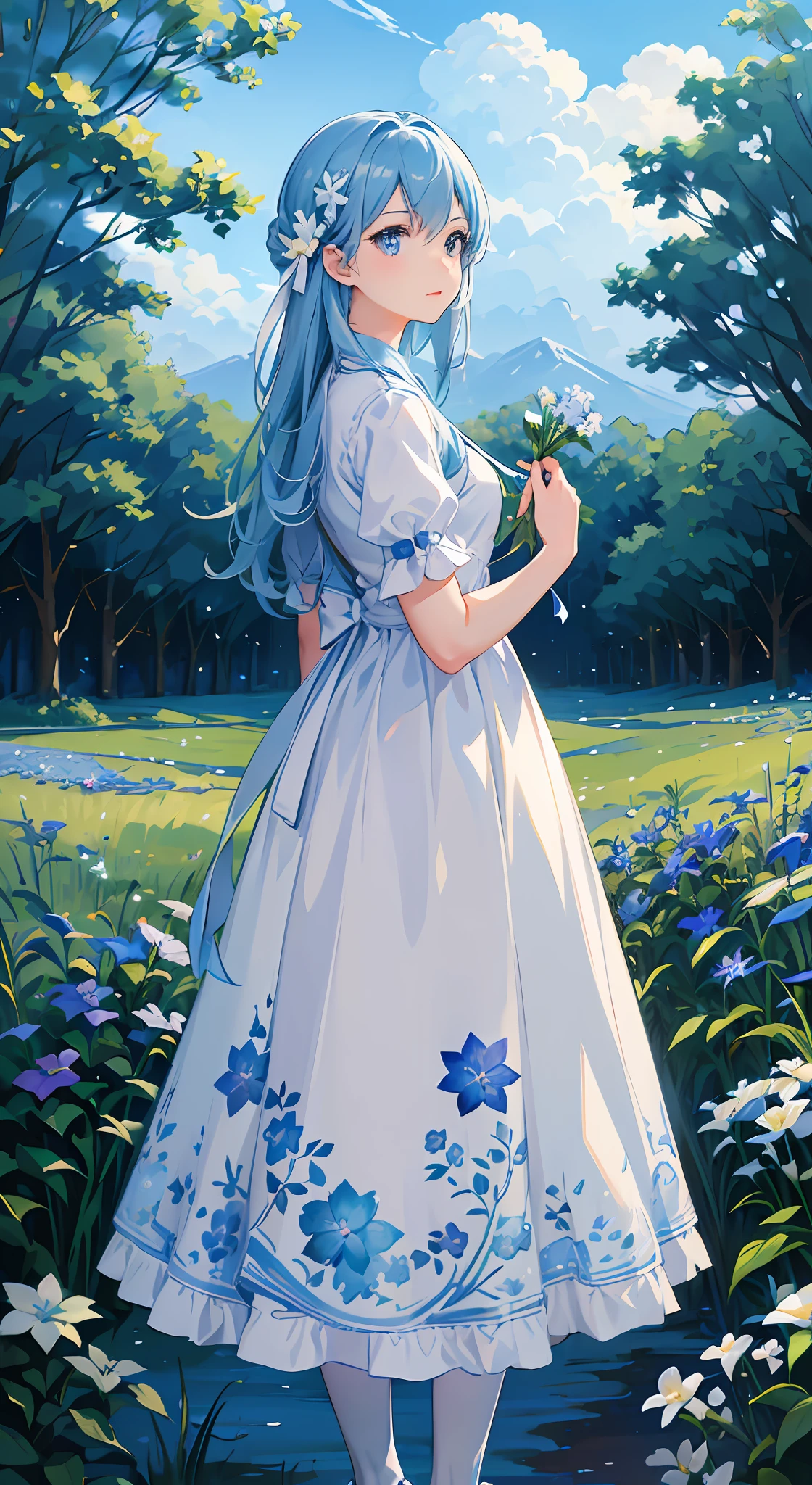 (absurdres, highres, ultra detailed, UHD, cinematic), solo, 1girl, mature, happy, girl standing in light blue flower field, light blue flower petal surrounding girl, full body, blue long hair girl, light blue hair, fantasy, dreamy, snowy, official art, pop art, profile, ultra detailed face, ultra detailed eyes, light blue flower field, ultra detailed field, white blue sky, cold, light blue, white,  nebula in the sky, blue tree, watercolor, pastel color