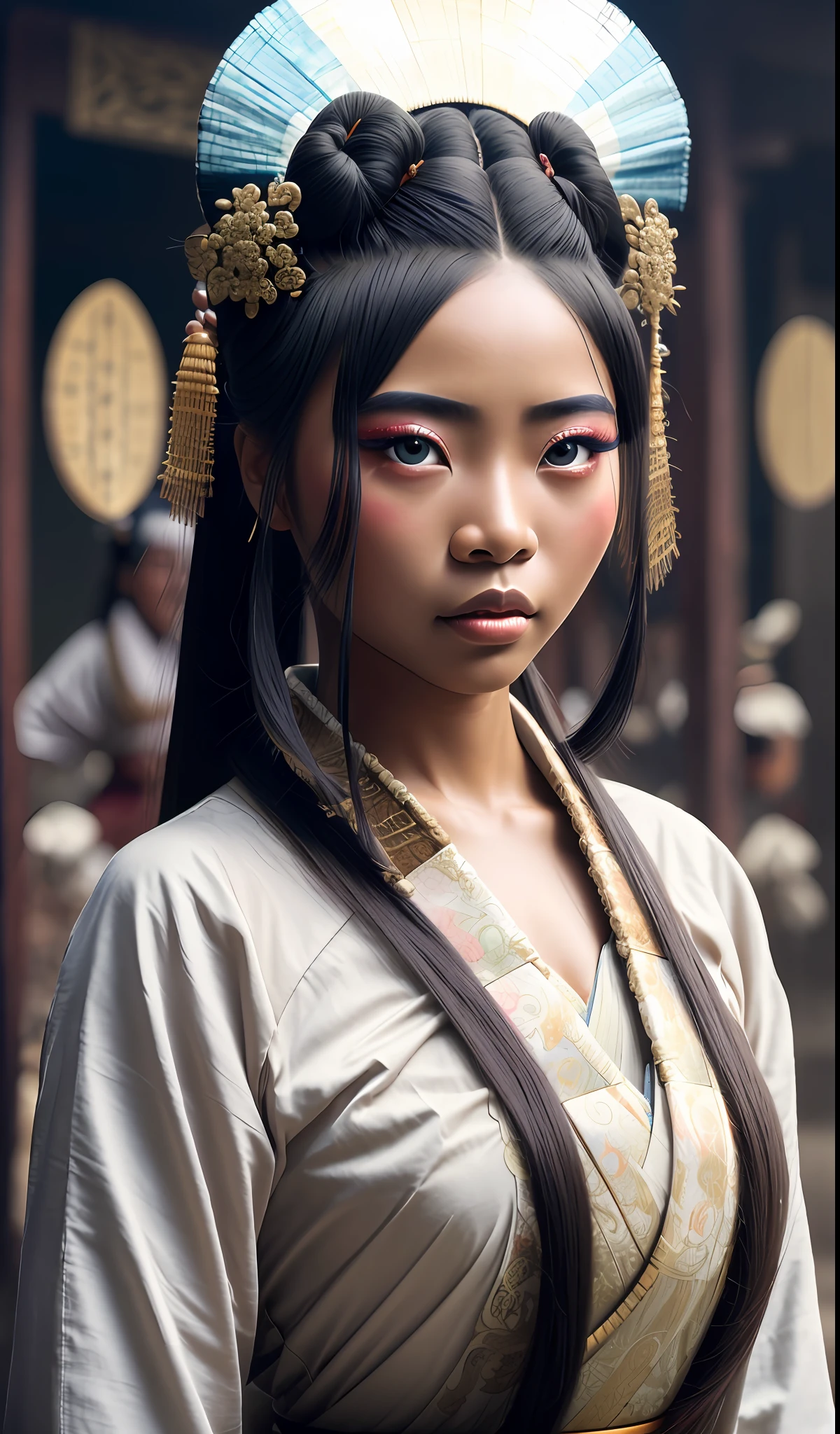 best quality, masterpiece, highres, wuxia 1girl, china dress, super Beautiful face, beautiful african woman, realy luxuriant afro-textured hair rainbowned, full body, lingerie, (geisha eyes), ((heterochromia eyes)), big cheeks