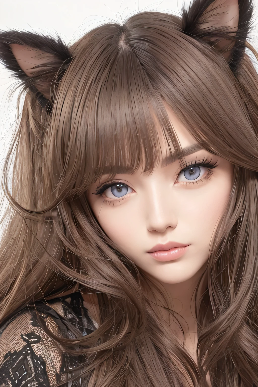 cat's eyes, double eyelids, dark brown and mesh blonde very long hair, fluffy curls,